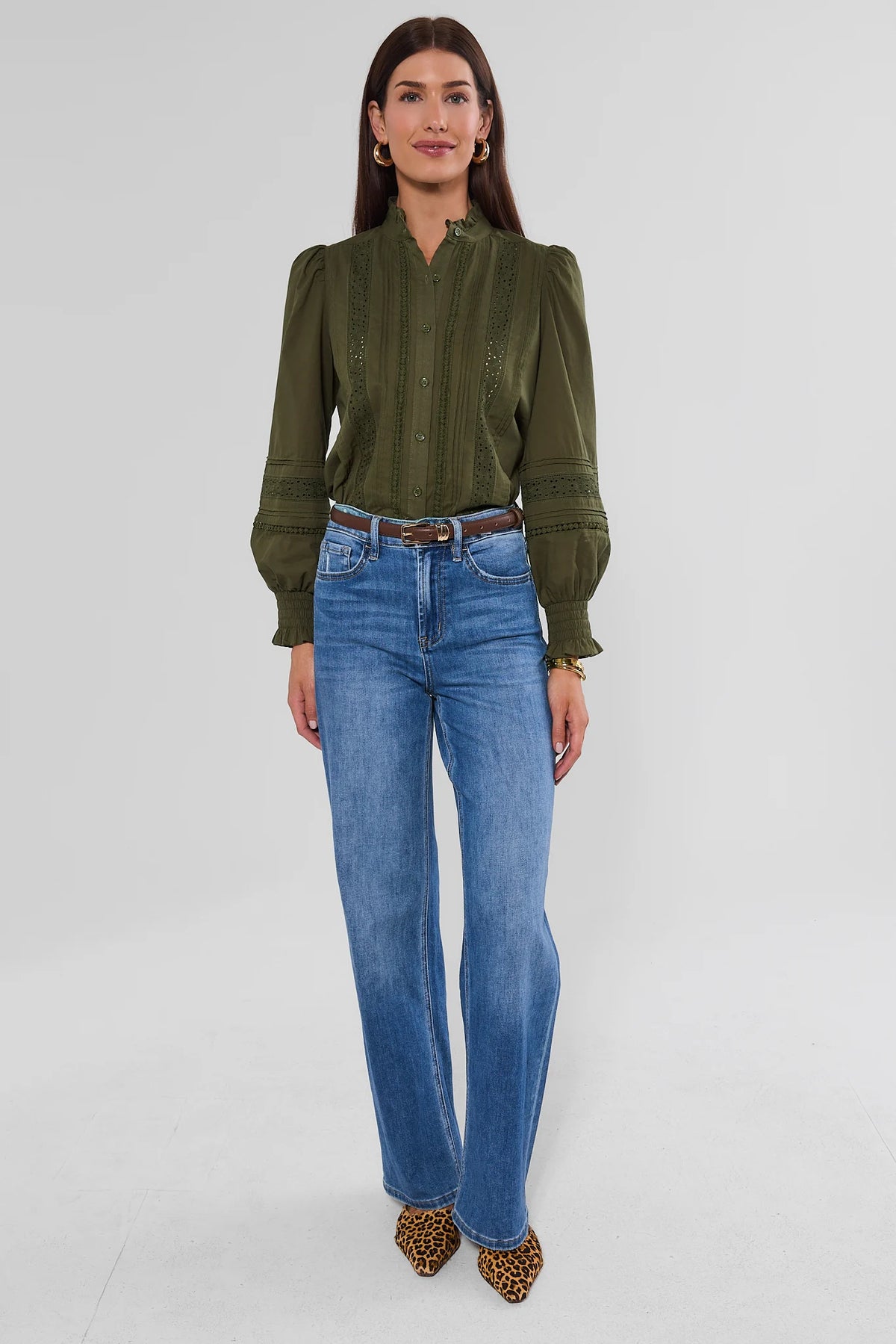 Olive Green Eyelet Lace Button-Up Top - Full Length Front View Styled with Wide-Leg Jeans | Avara