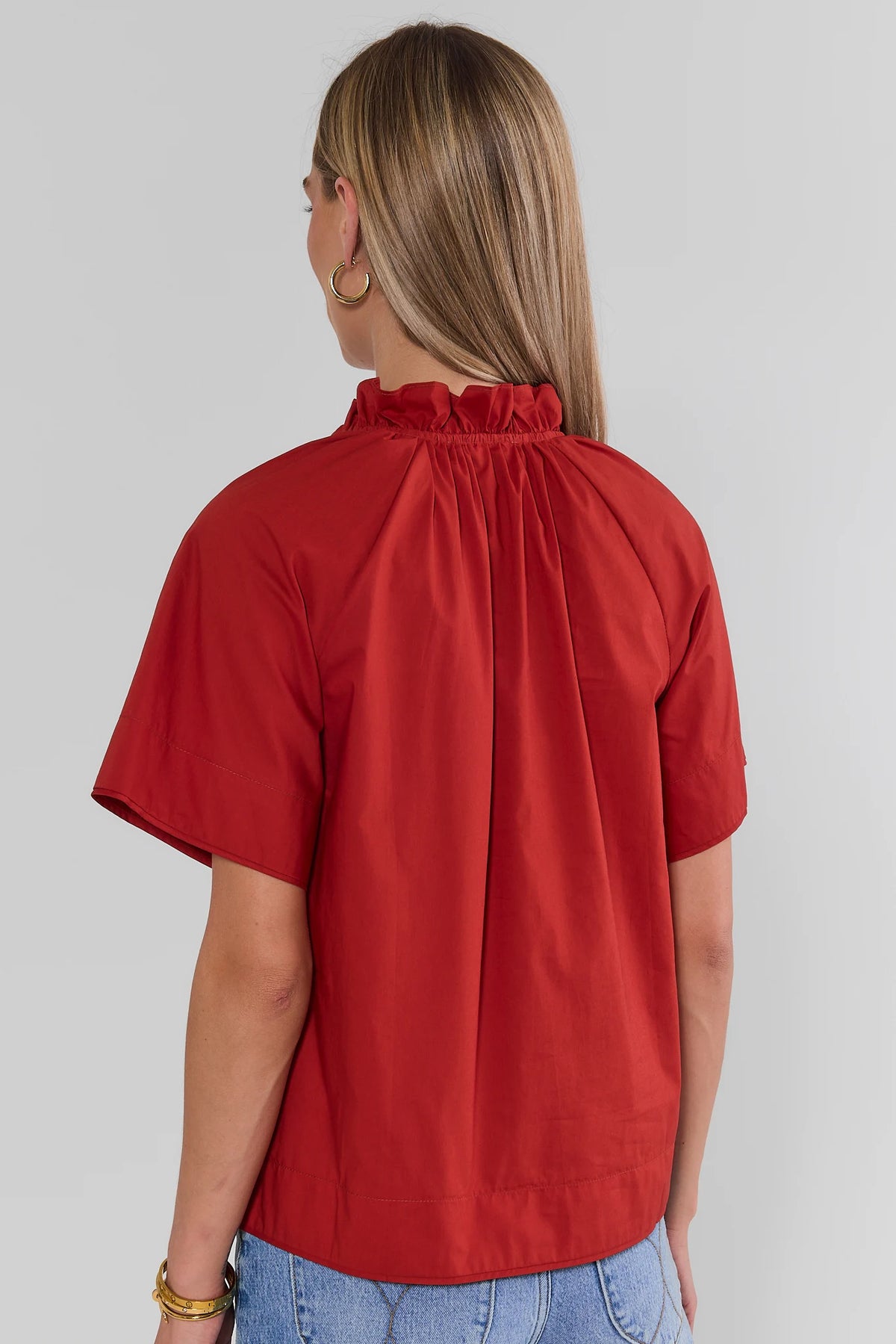 Rust Split Neck Top - Back View Showing Ruffle Collar and Gathered Detail | Avara