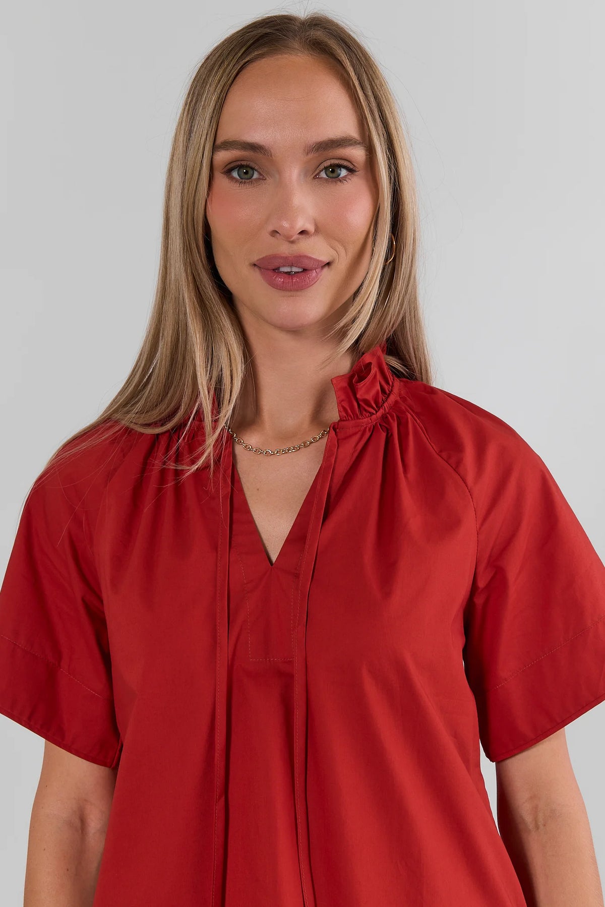 Rust Split Neck Top - Close-Up Neckline Detail, Short Sleeve Women's Top | Avara
