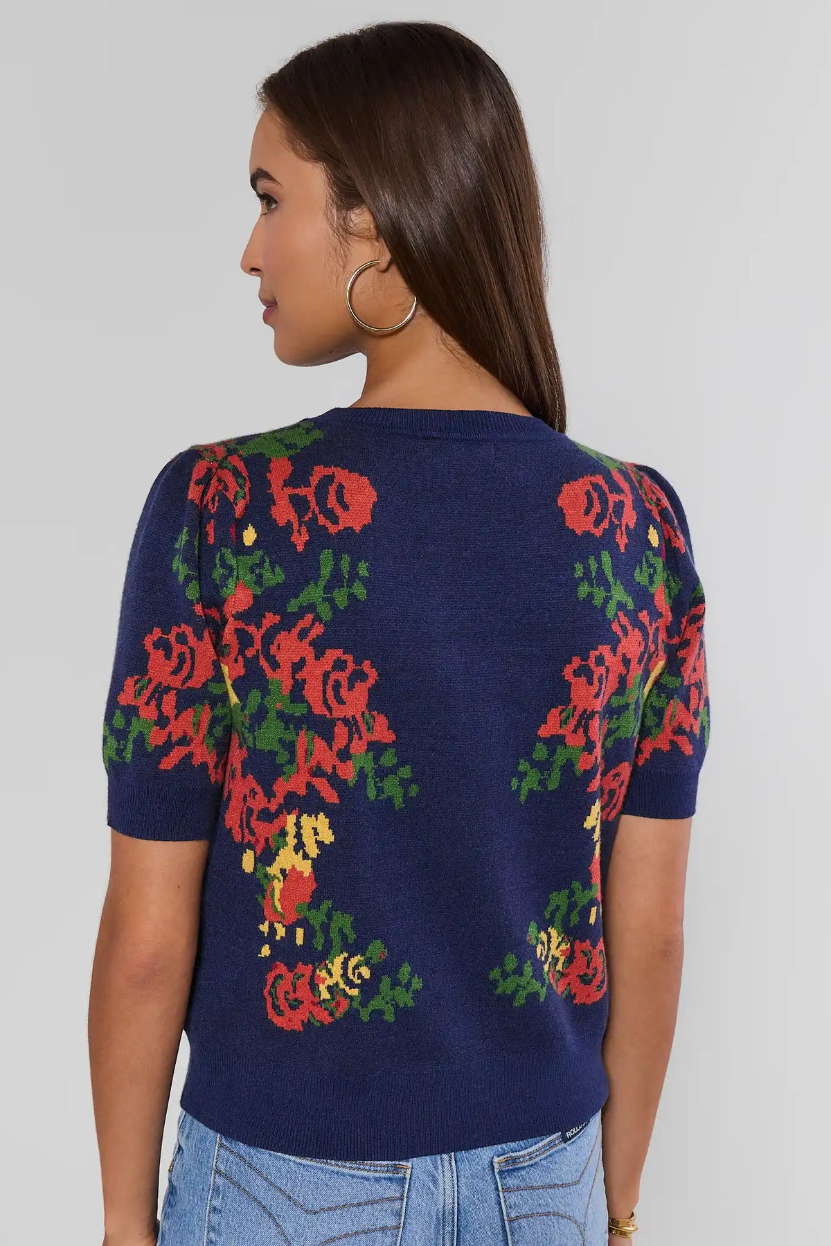 Navy Floral Knit Top - Back View On Model, Red Floral Detail Women's Sweater | Avara