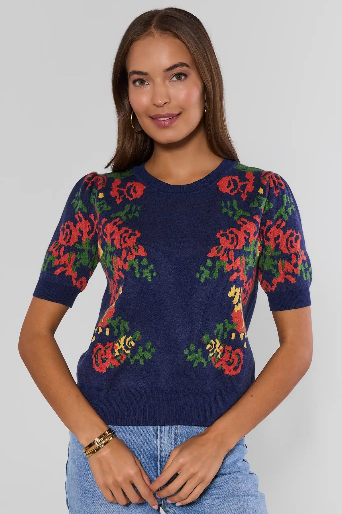 Navy Floral Knit Top - Front View On Model, Puff Sleeve Sweater for Women | Avara