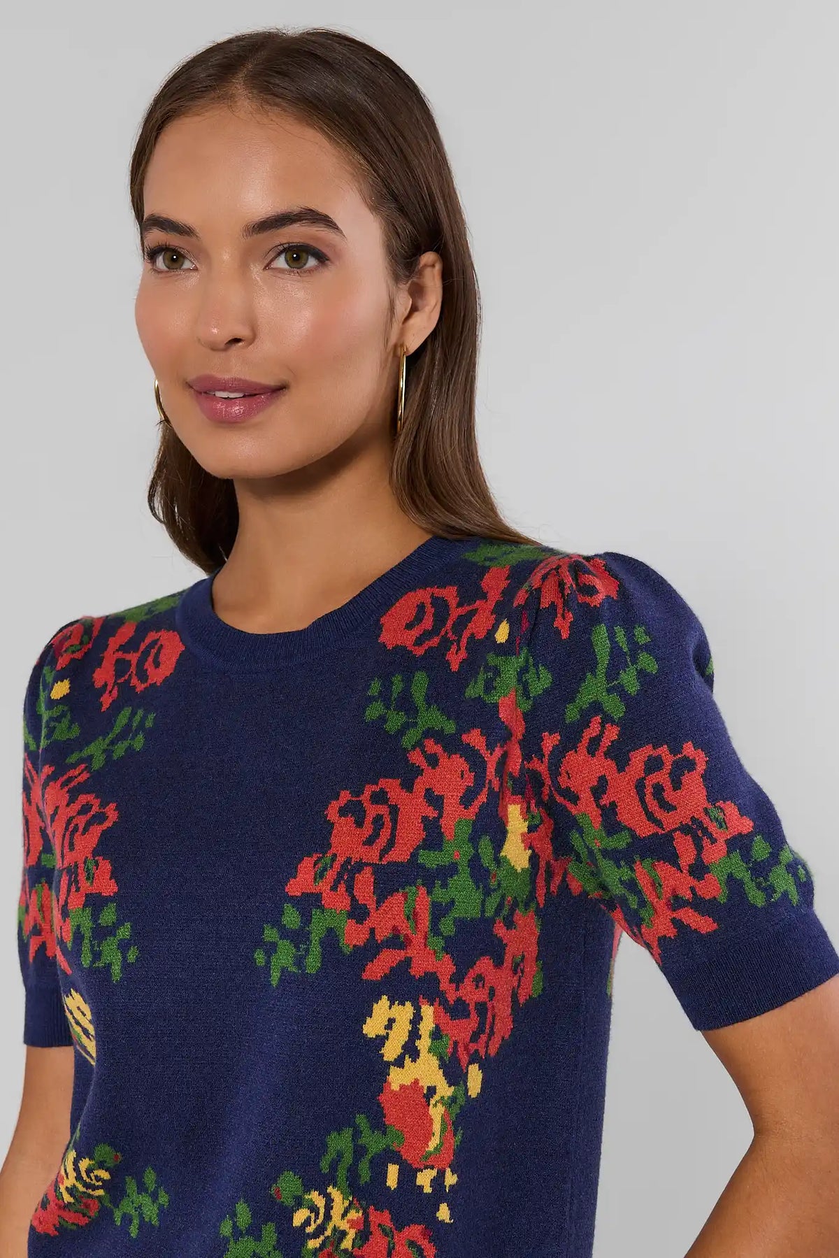 Navy Floral Knit Top - Close-Up Detail, Red Floral Jacquard Puff Sleeve | Avara