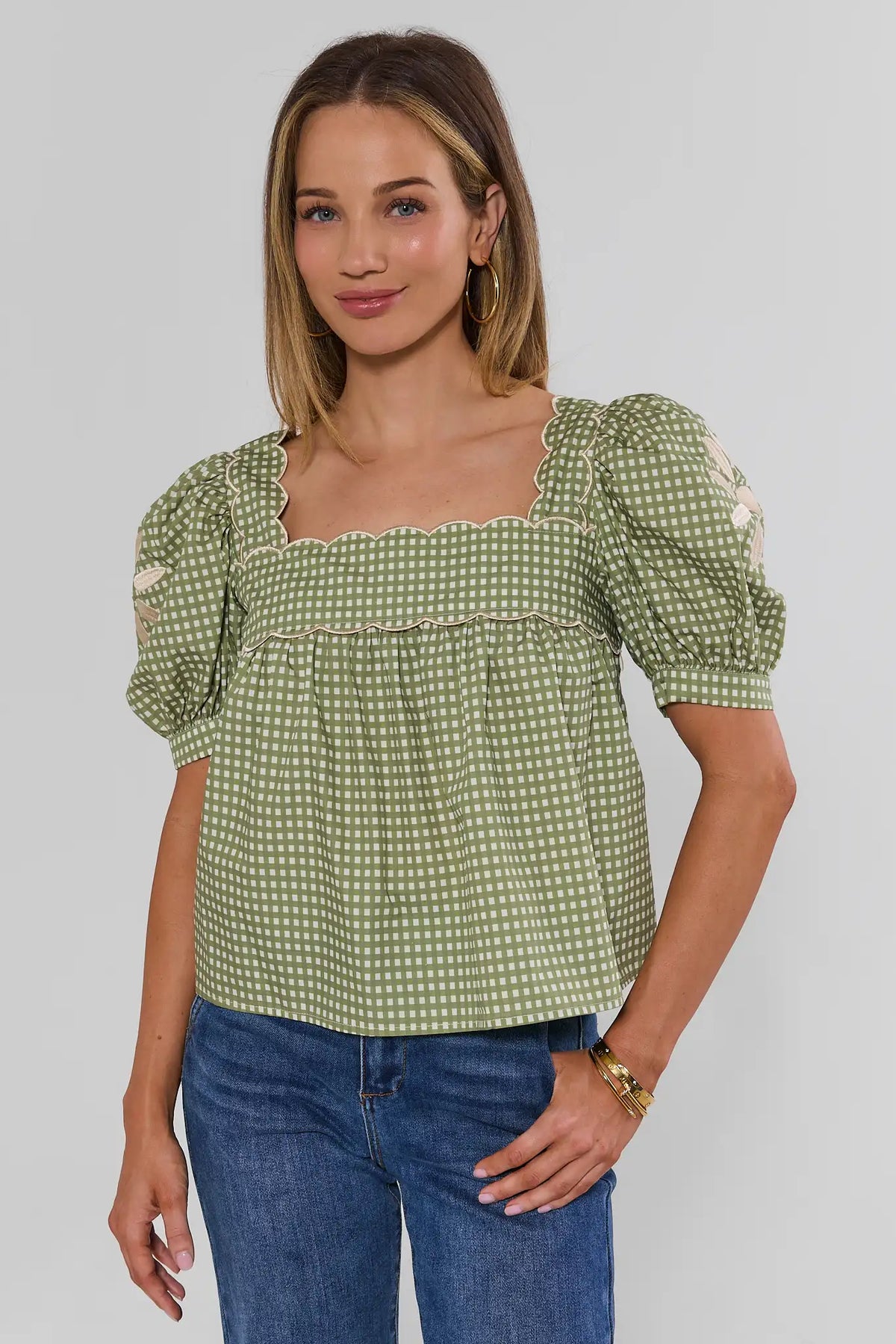 Green Gingham Puff Sleeve Top - Front View On Model with Denim | Avara