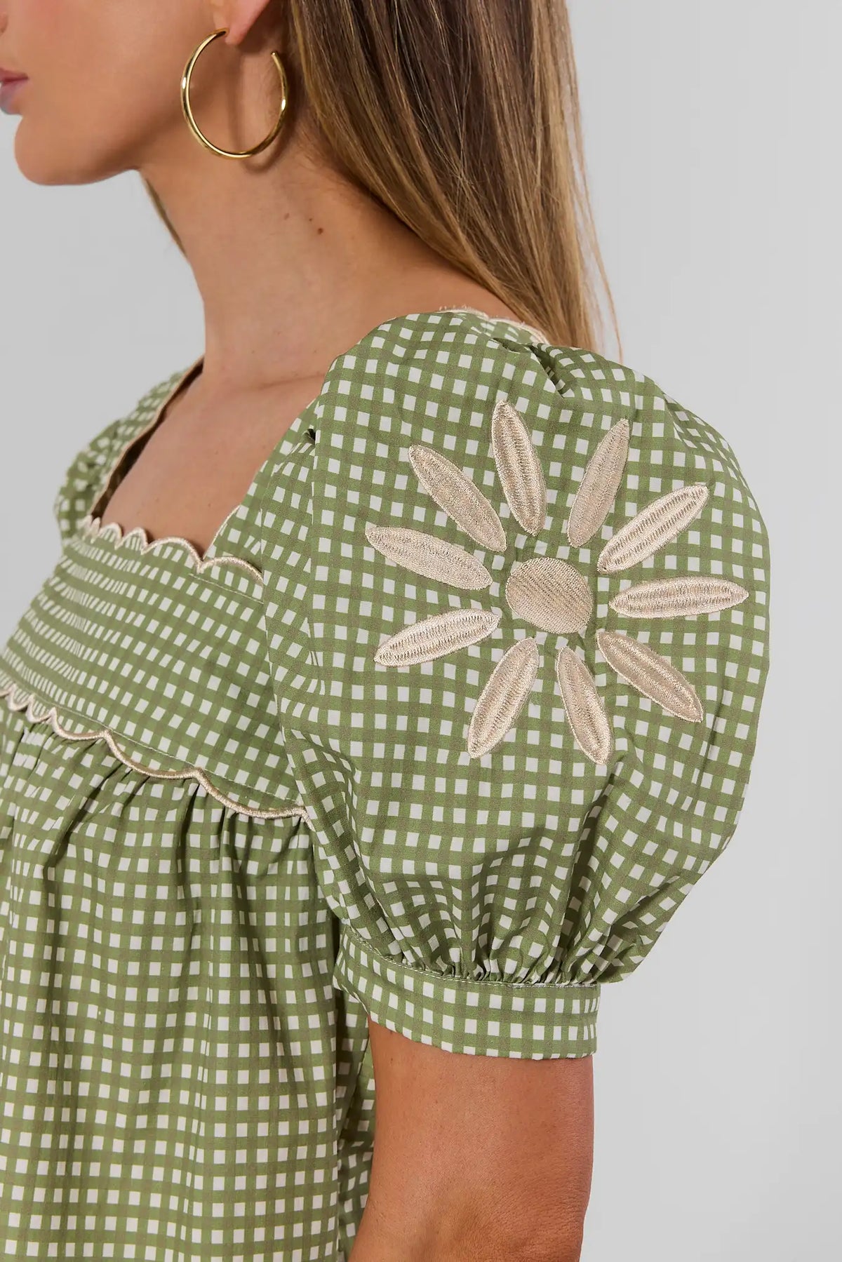 Green Gingham Top - Floral Embroidery Sleeve Detail Close-Up | Avara