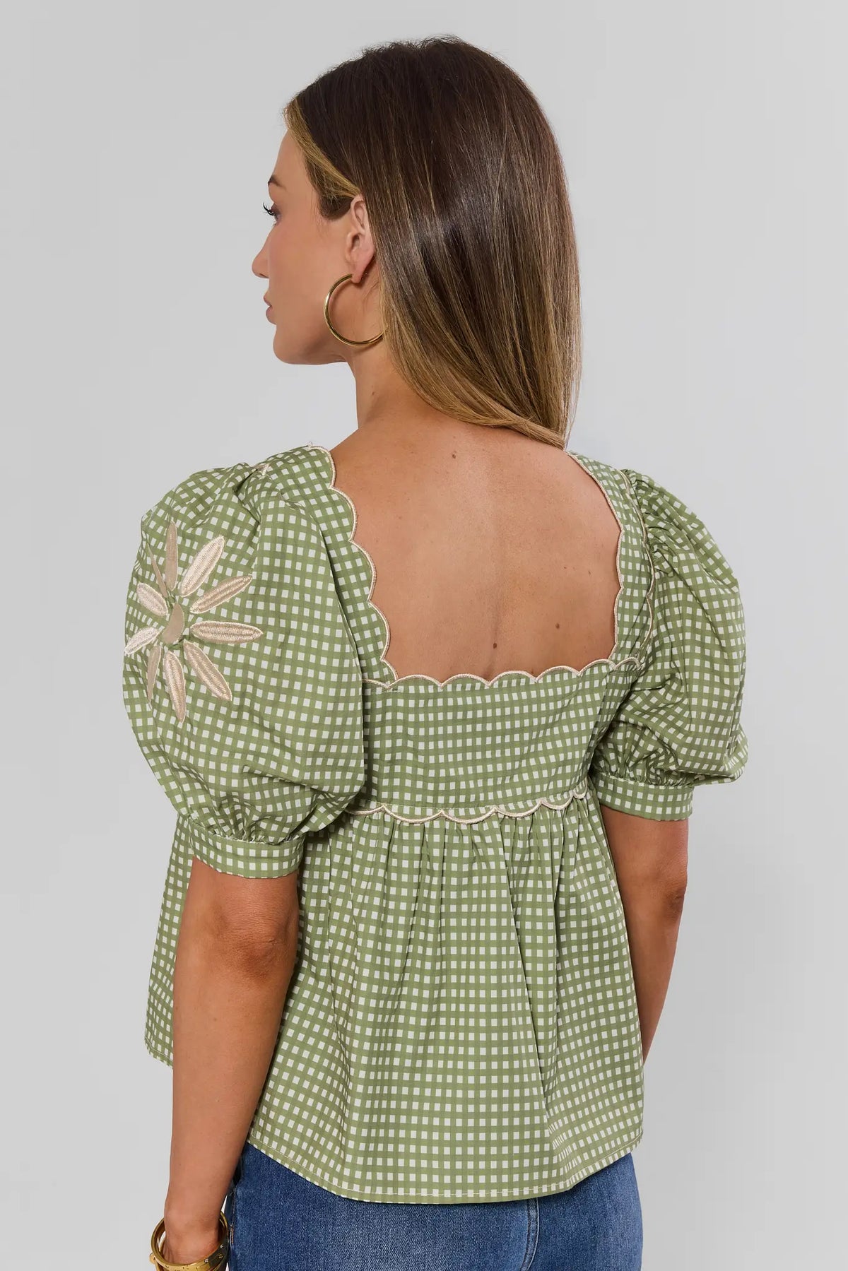Green Gingham Puff Sleeve Top - Back View Open Neckline On Model | Avara
