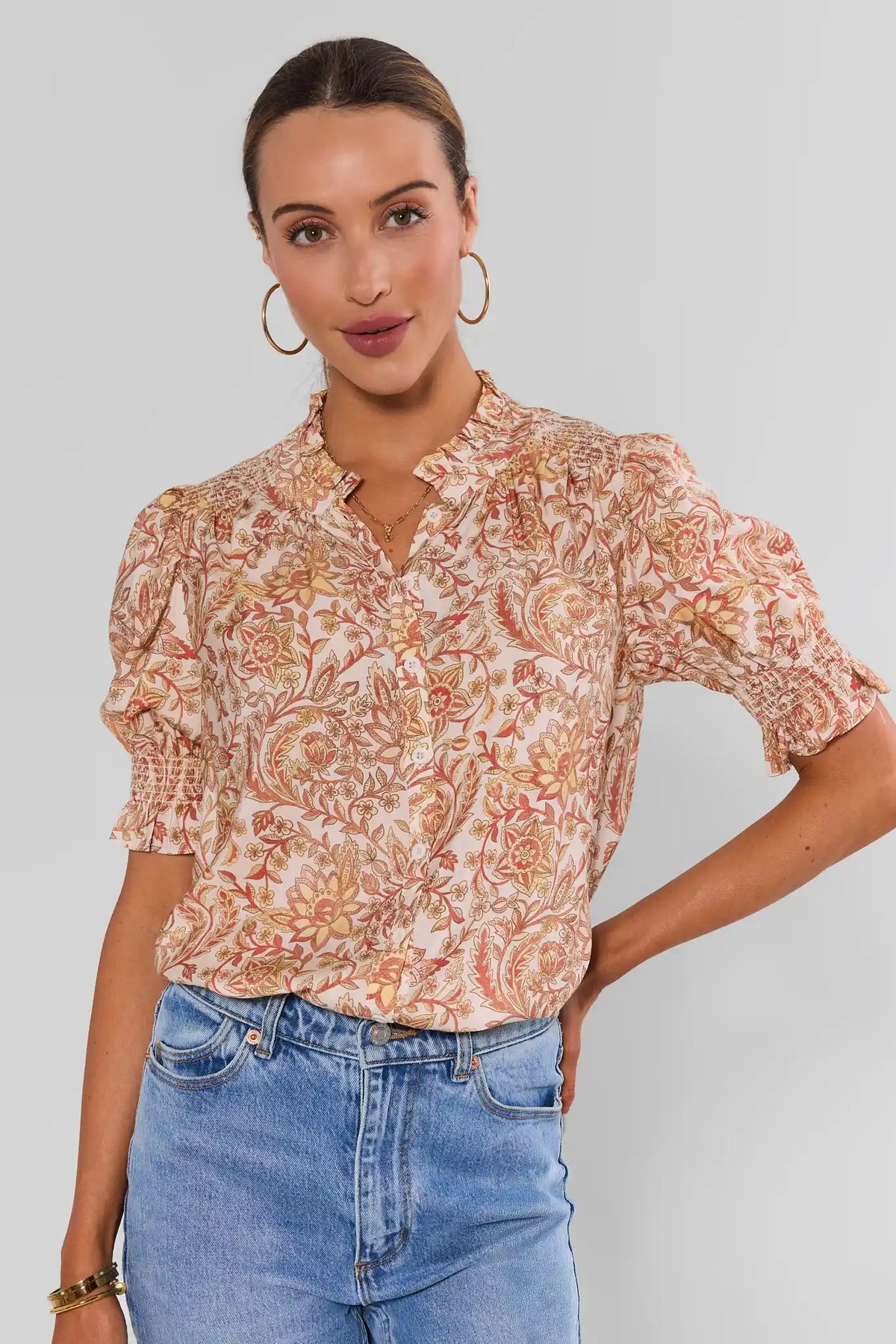 Cream Floral Printed Button-Up Top with smocked sleeves - Front View On Model | Avara