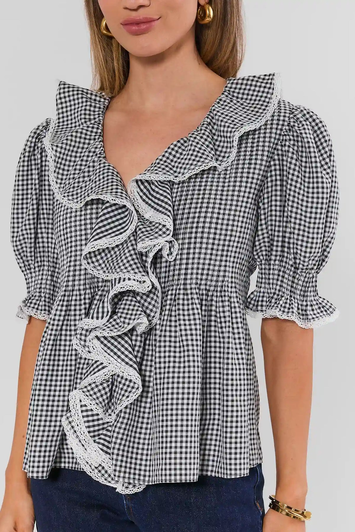 Black Gingham Ruffle Top - Lace Trim & Cascade Ruffle Close-Up | Avara