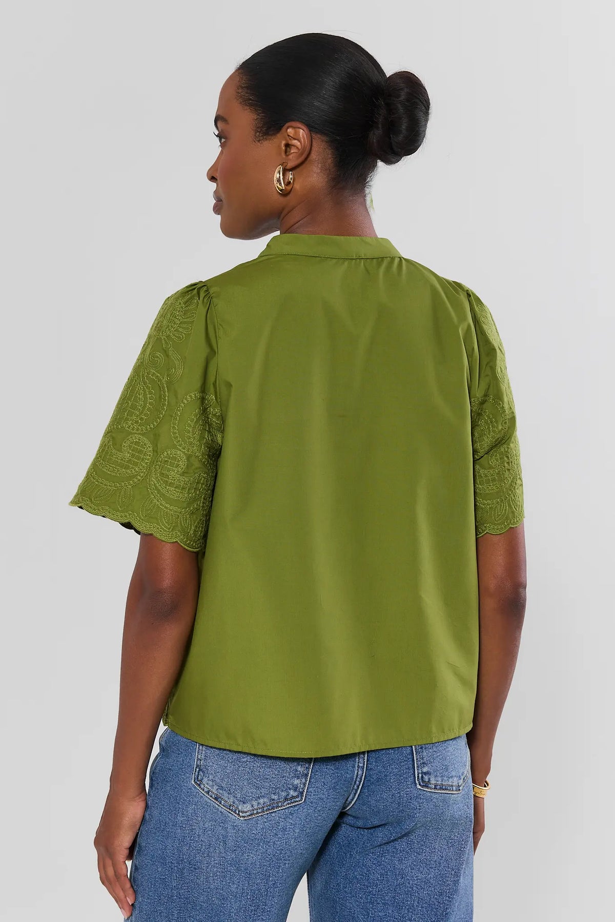 Olive Green Embroidered Split Neck Top - Back View Showing Clean Back & Embroidered Sleeves | Avara