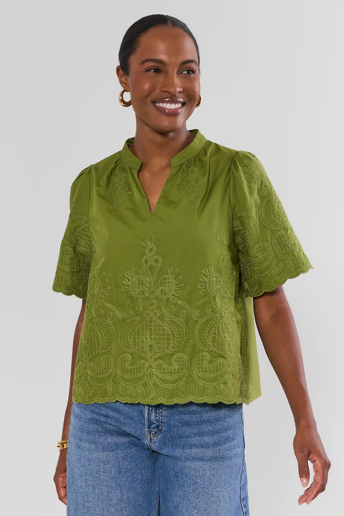 Olive Green Embroidered Split Neck Top - Front View On Model | Avara