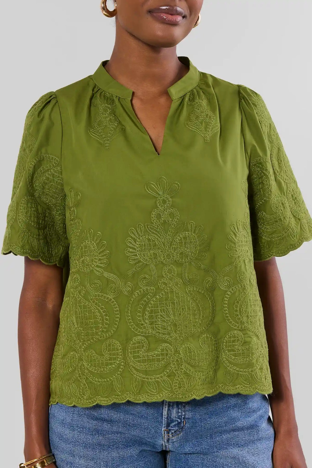 Olive Green Embroidered Split Neck Top - Scallop Hem & Embroidery Detail | Avara