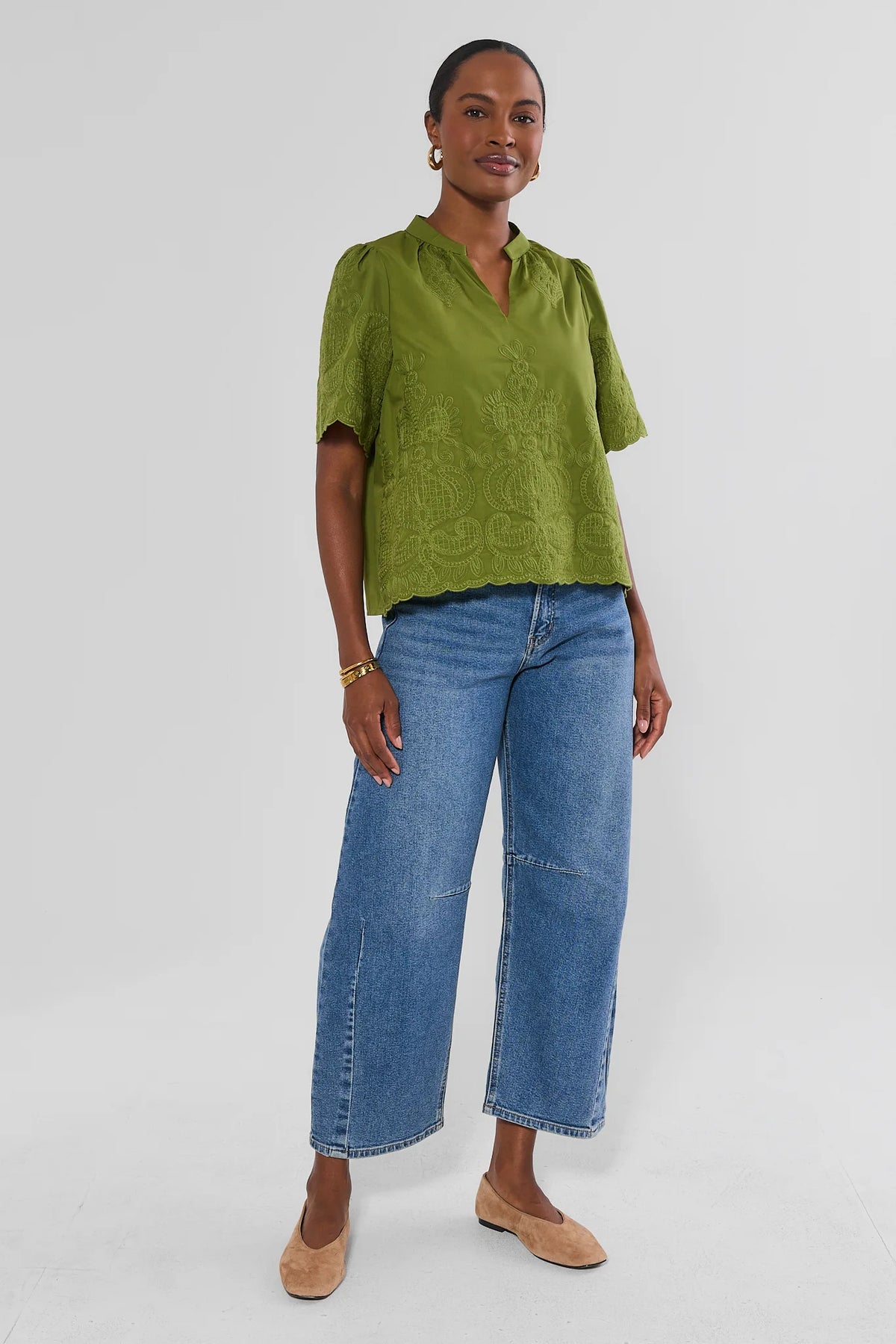 Olive Green Embroidered Split Neck Top - Full Length Styled with Wide Leg Jeans | Avara