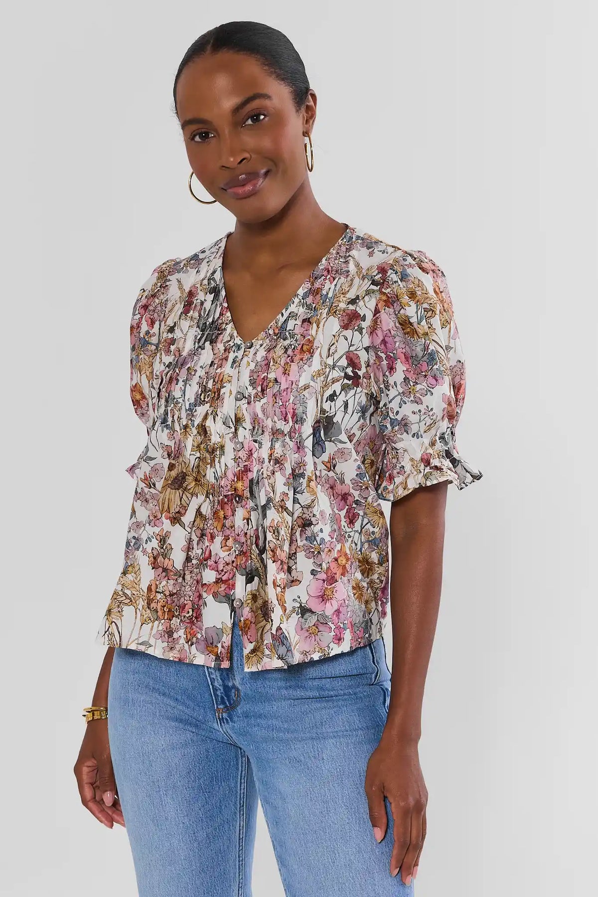 White Floral Pleated Top Styled with Blue Jeans - Full Front View on Model | Avara