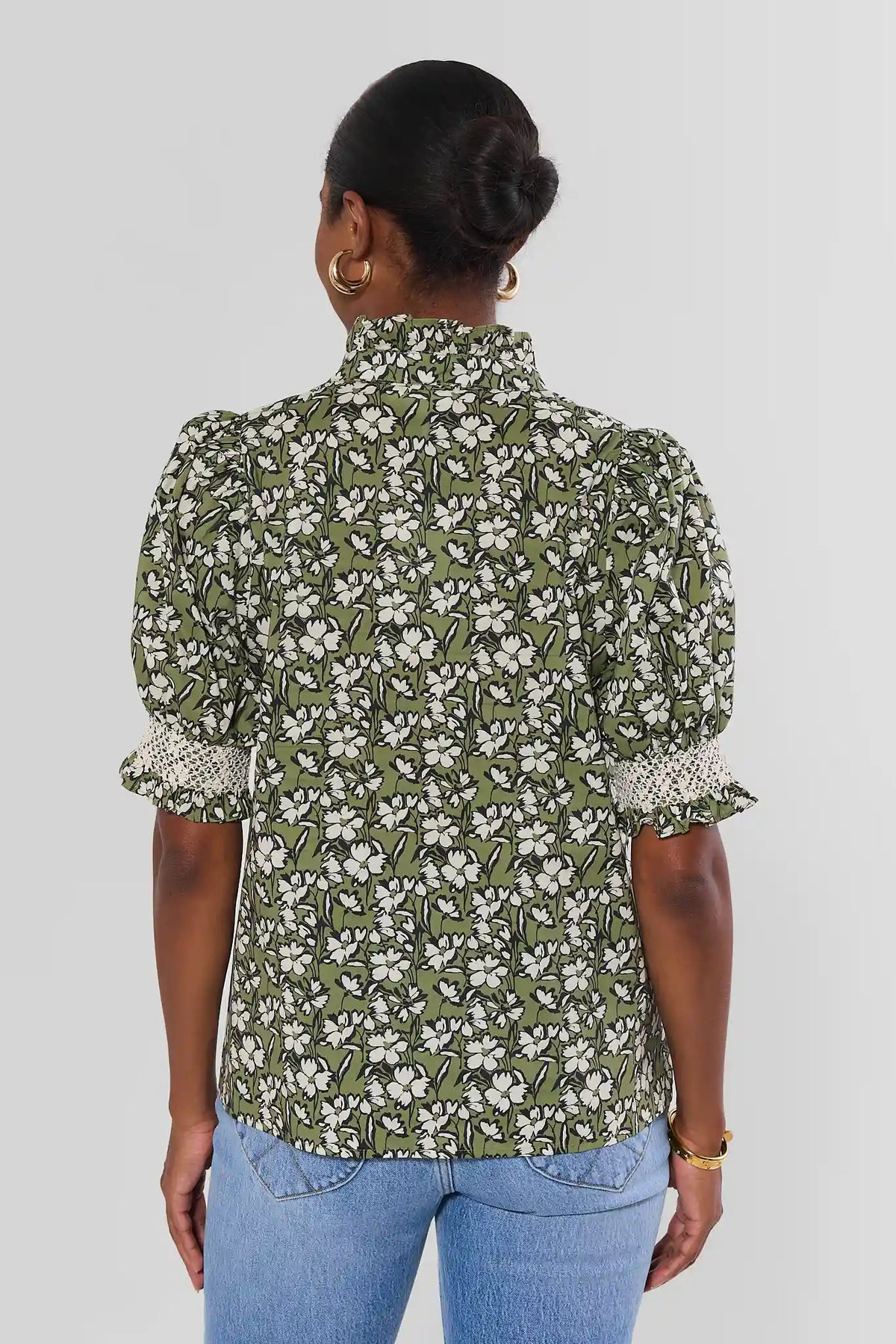 Green Floral Printed Ruffle Collar Top - Back View with Lace Cuffs | Avara