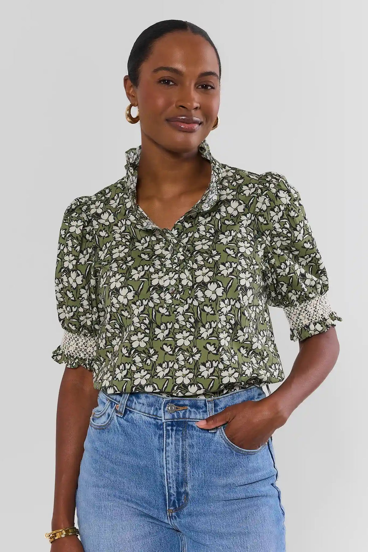 Green Floral Printed Ruffle Collar Top - Front On Model with Jeans | Avara