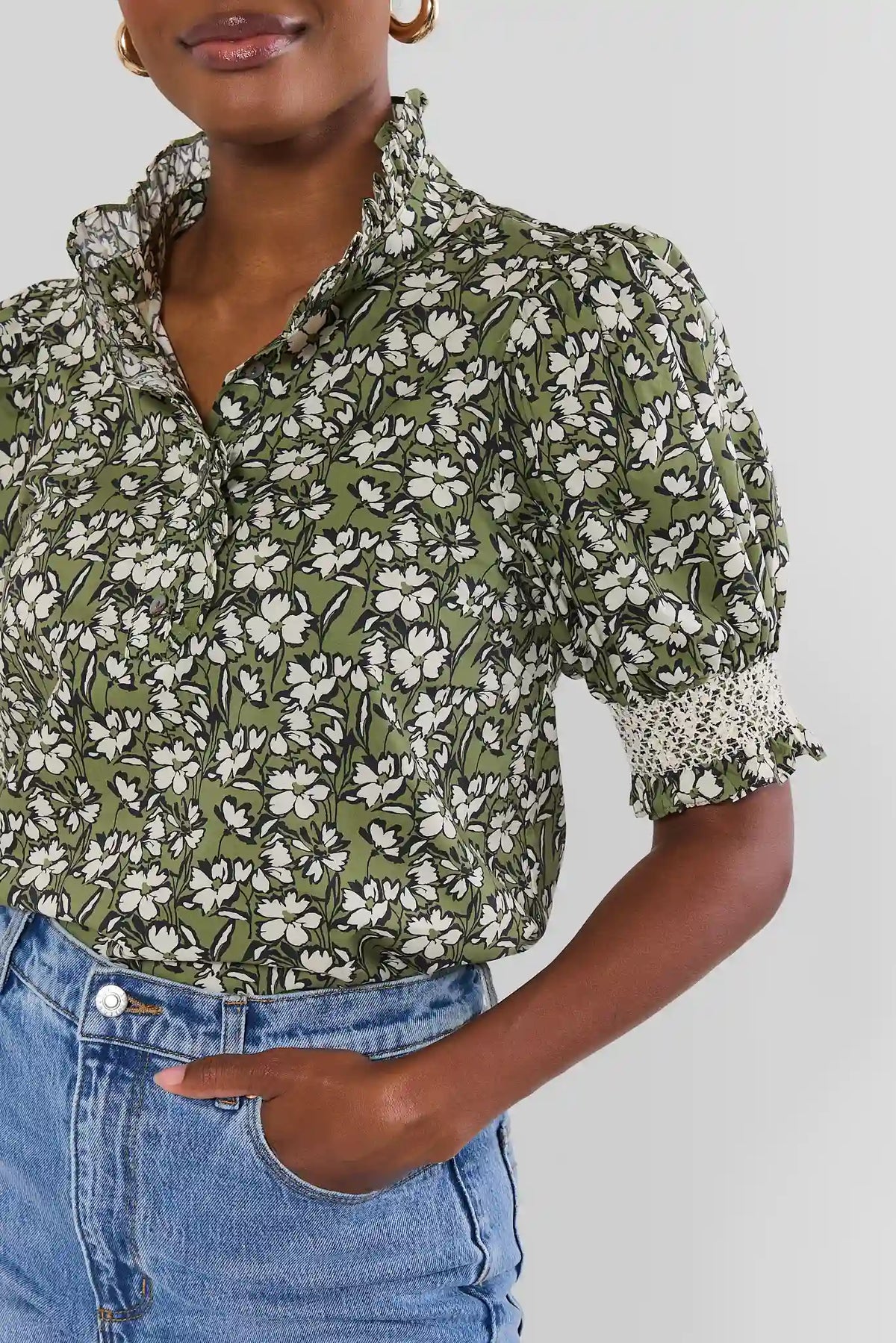 Green Floral Top - Ruffle Collar & Lace Cuff Detail Close-Up | Avara