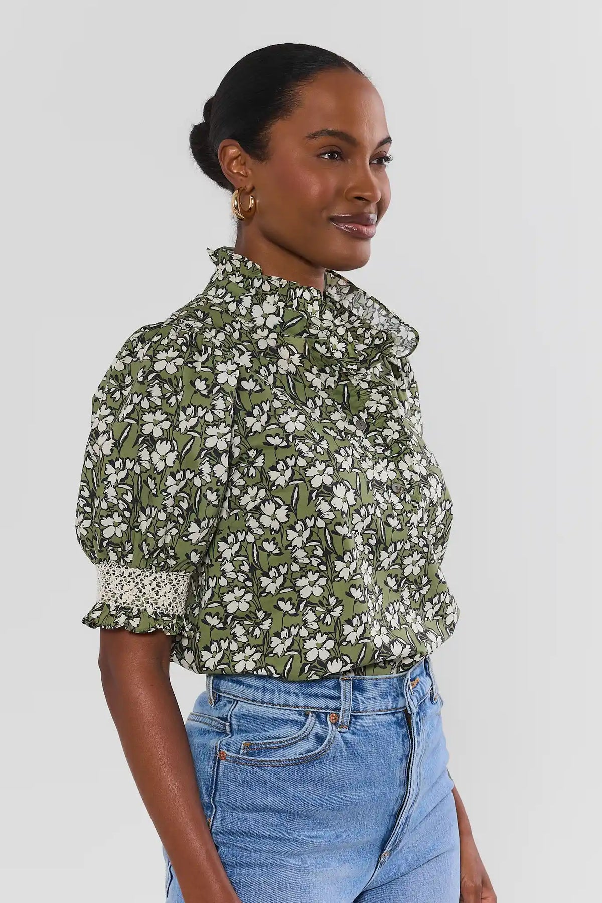 Green Floral Printed Ruffle Collar Top - Side Profile On Model | Avara