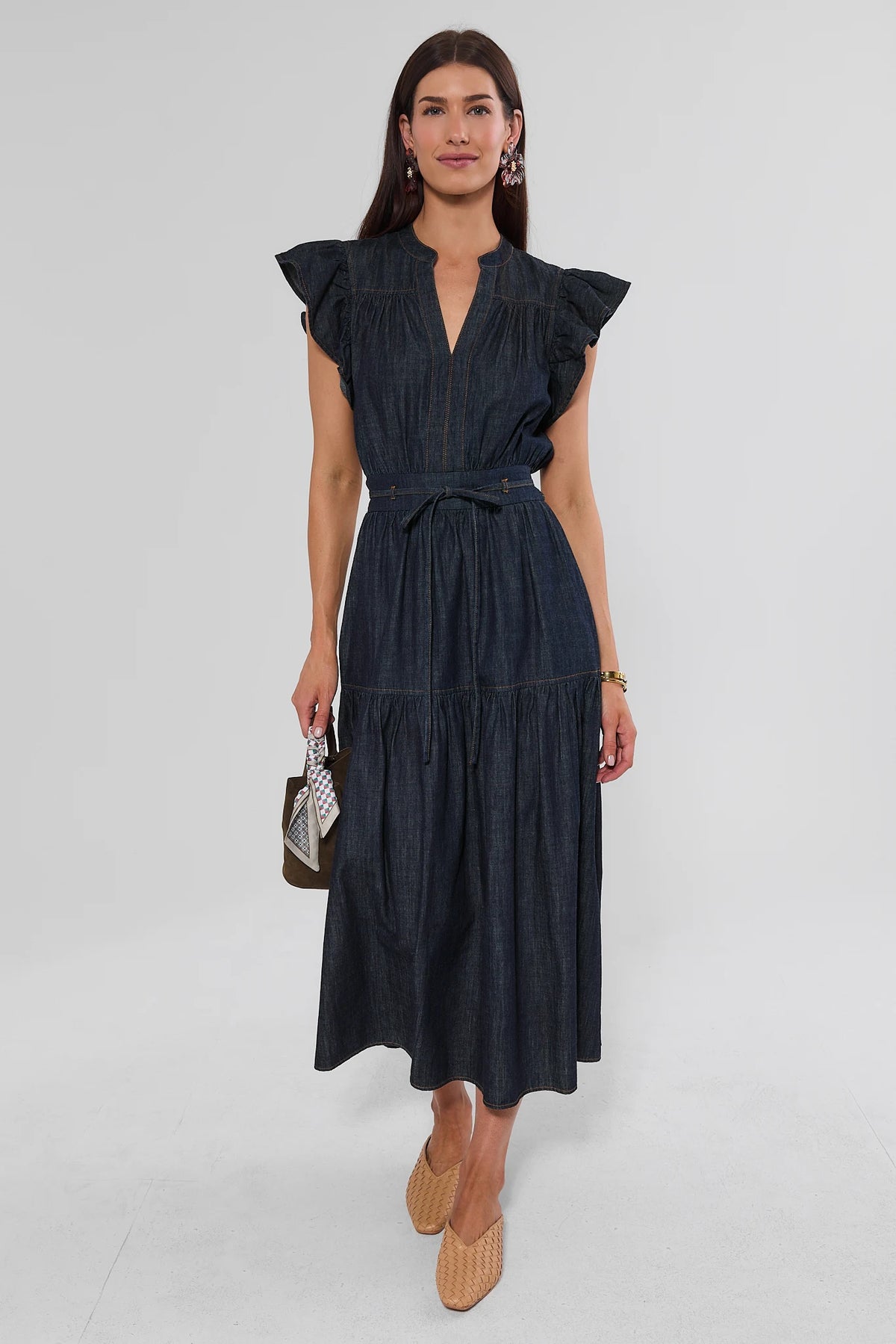 Dark Wash Denim Split Neck Midi Dress - Full Front View On Model | Avara