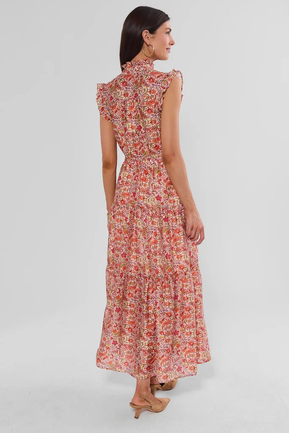 Red Paisley Printed Maxi Dress - Back View Showing Tiered Skirt | Avara