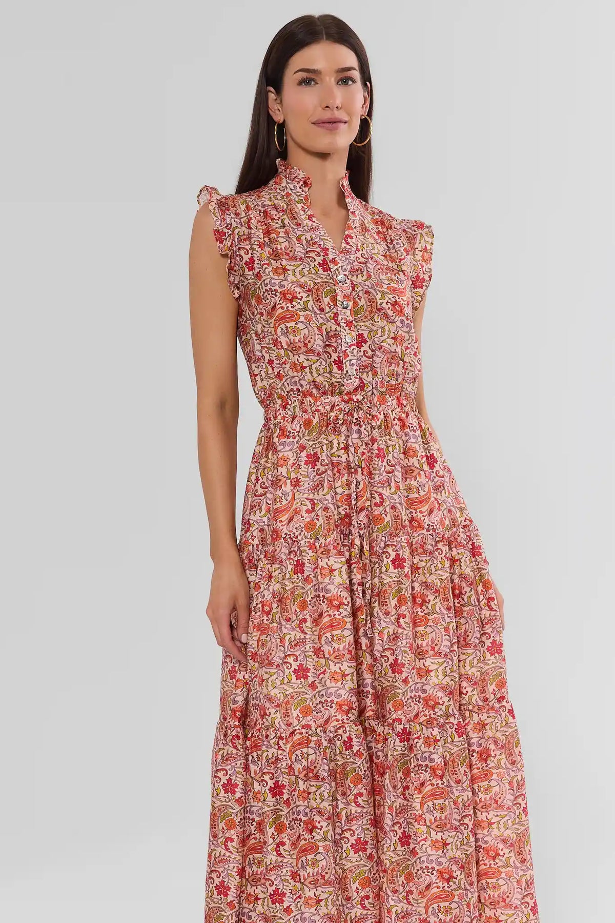Red Paisley Printed Maxi Dress - Front View On Model | Avara