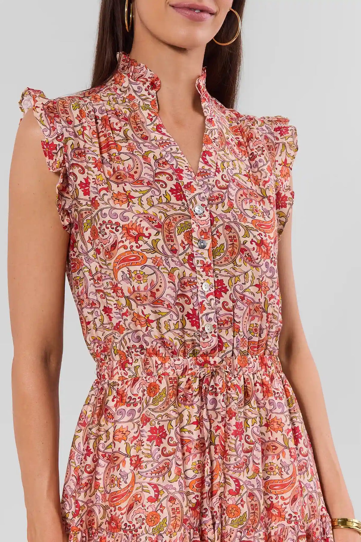 Red Paisley Maxi Dress - Ruffle Neckline & Button Front Close-Up | Avara