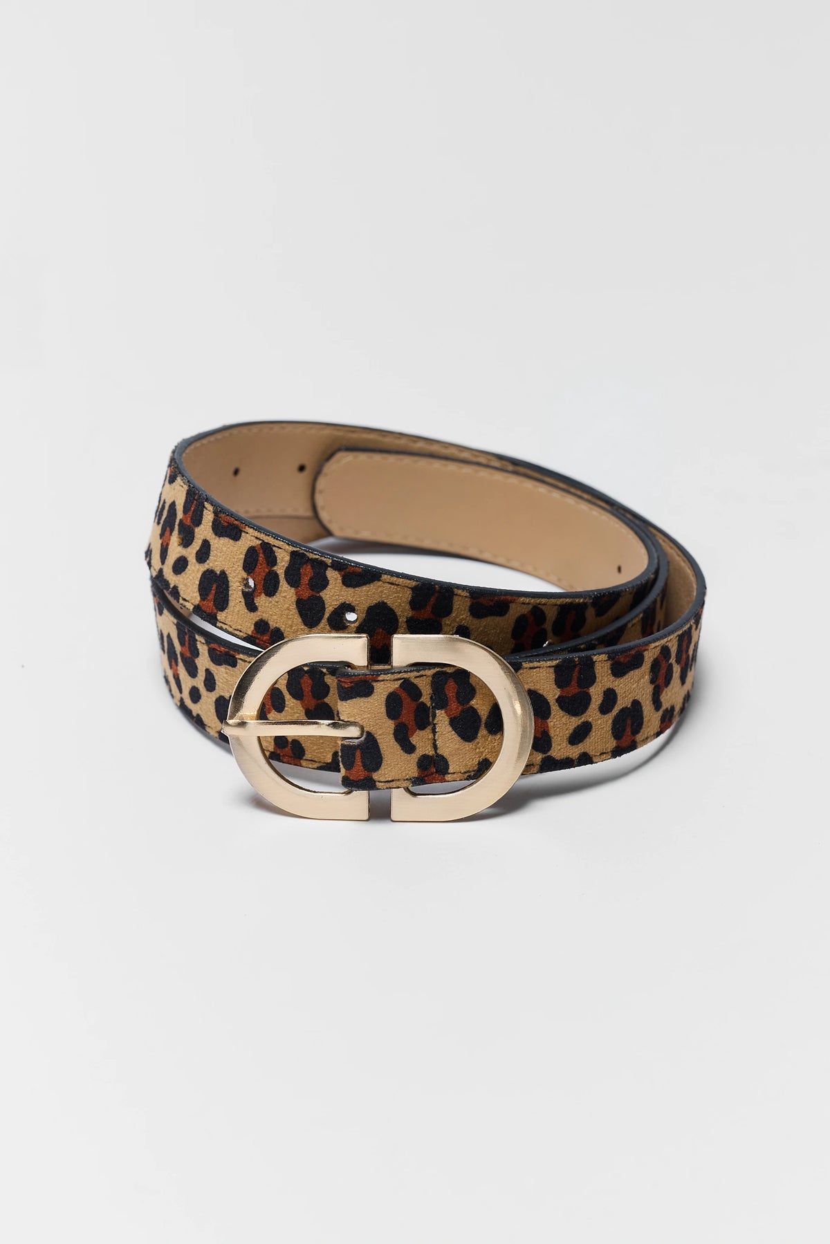 Brown Leopard Print Faux Suede Belt with Gold Oval Buckle - Coiled Flat Lay | Avara