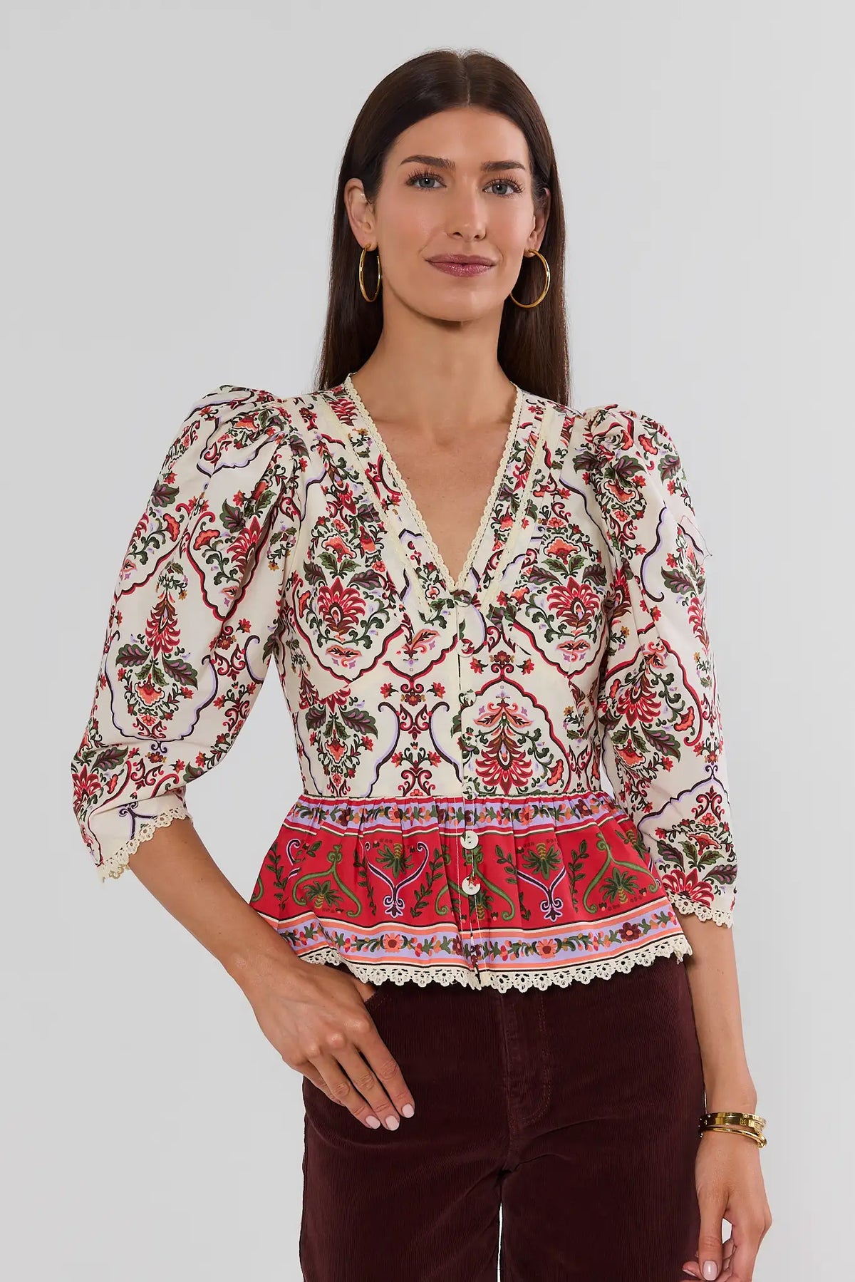 Ivory Floral Printed Peplum Top - Front View On Model | Avara