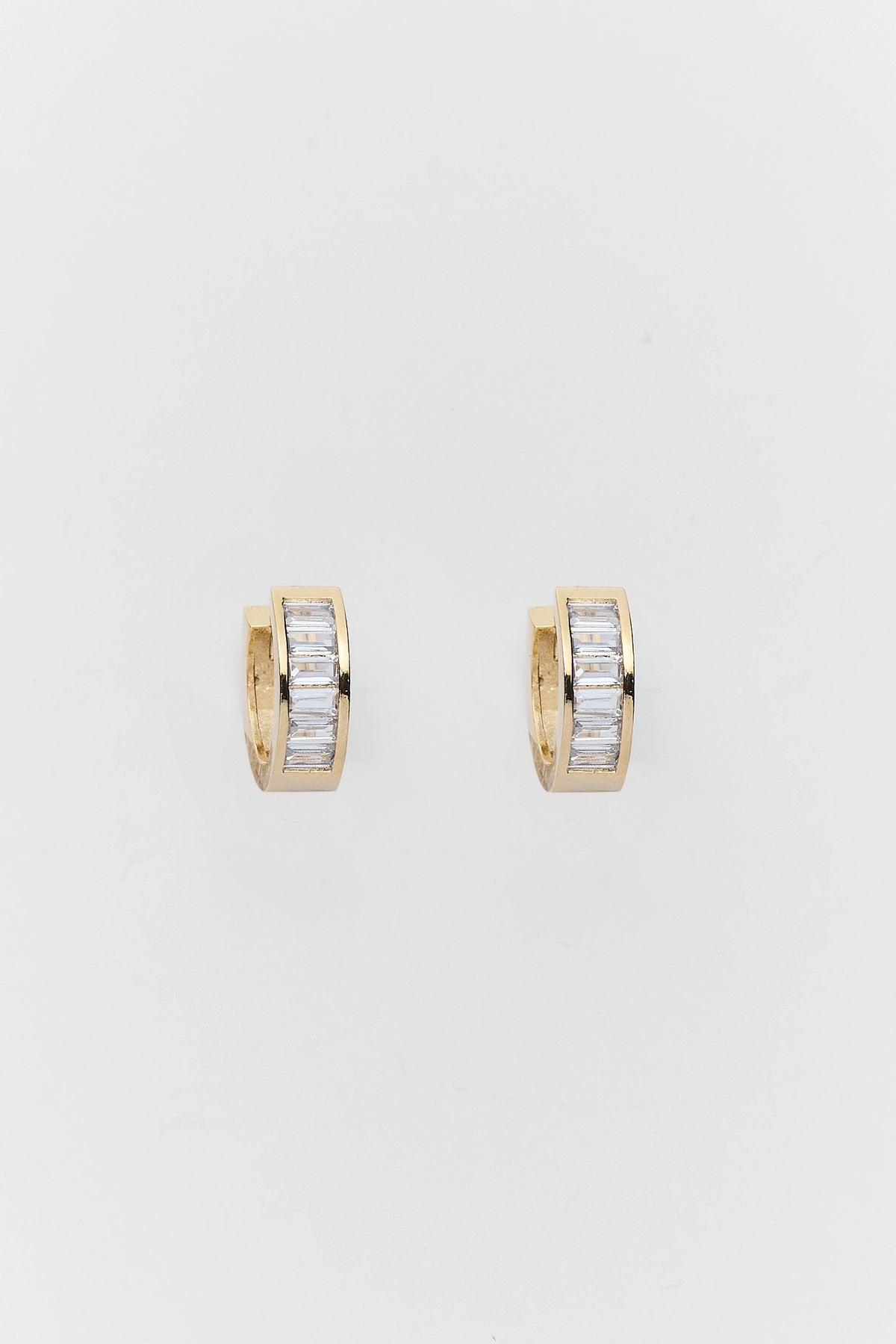 Gold Baguette Huggie Earrings - Product Flat Lay, Rhinestone Detail | Avara