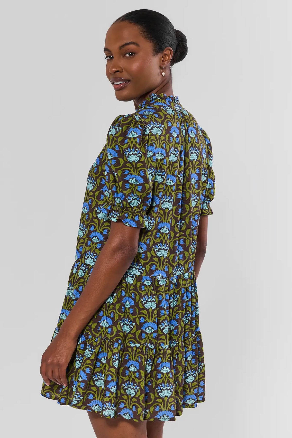 Brown Floral Block Print Short Dress - Side Profile View Showing Ruffle Collar | Avara