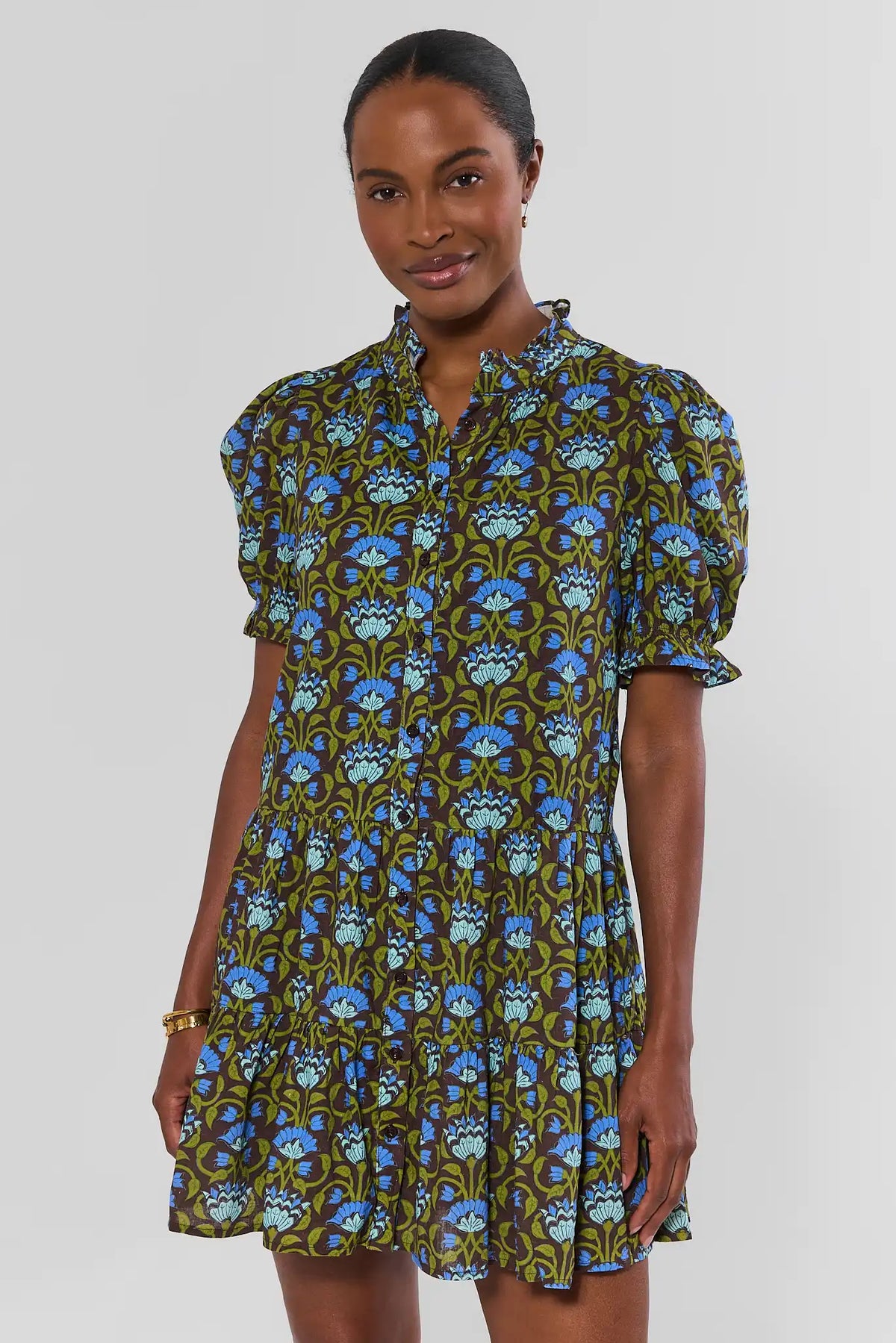 Brown Floral Block Print Short Dress with Puff Sleeves - Front View On Model | Avara