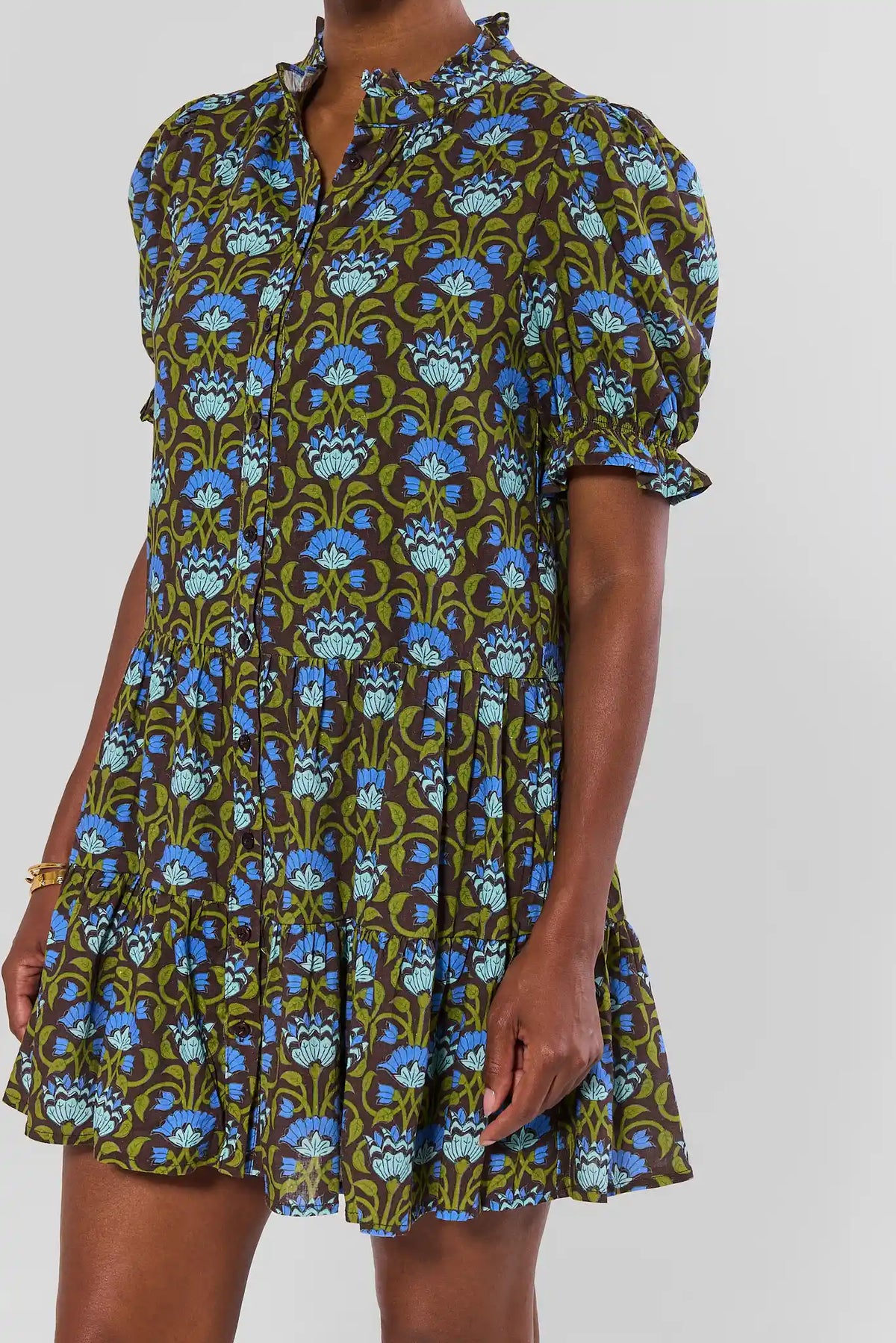 Brown Floral Block Print Tiered Short Dress - Full Length Front View with Flats | Avara