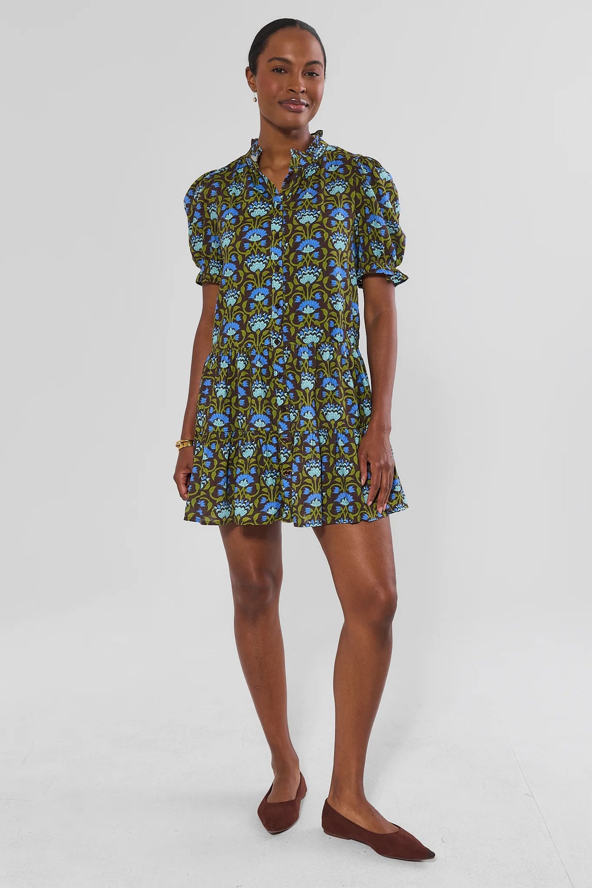 Brown Blue Block Print Short Dress - Three-Quarter Back View Showing Tiered Hem | Avara