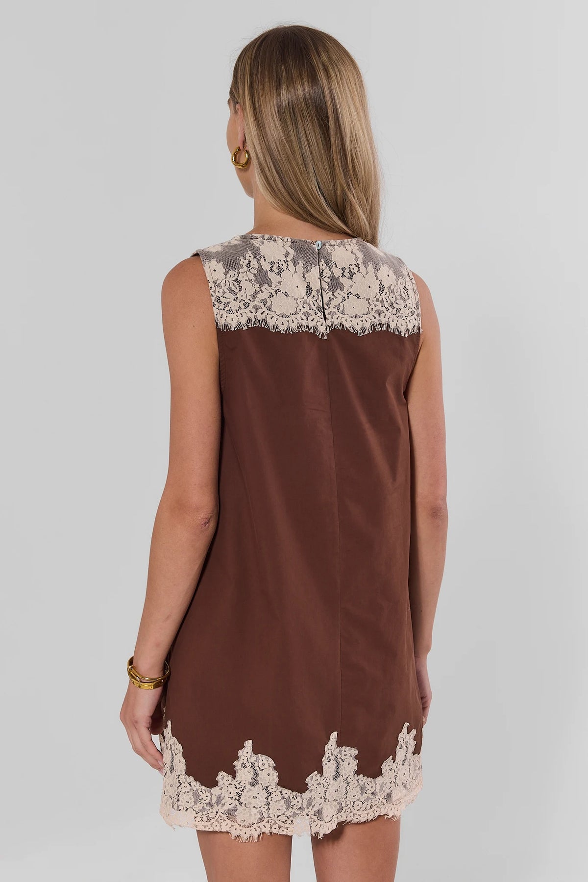 Brown Lace Trim Short Dress - Back View Showing Lace Yoke & Hem | Avara