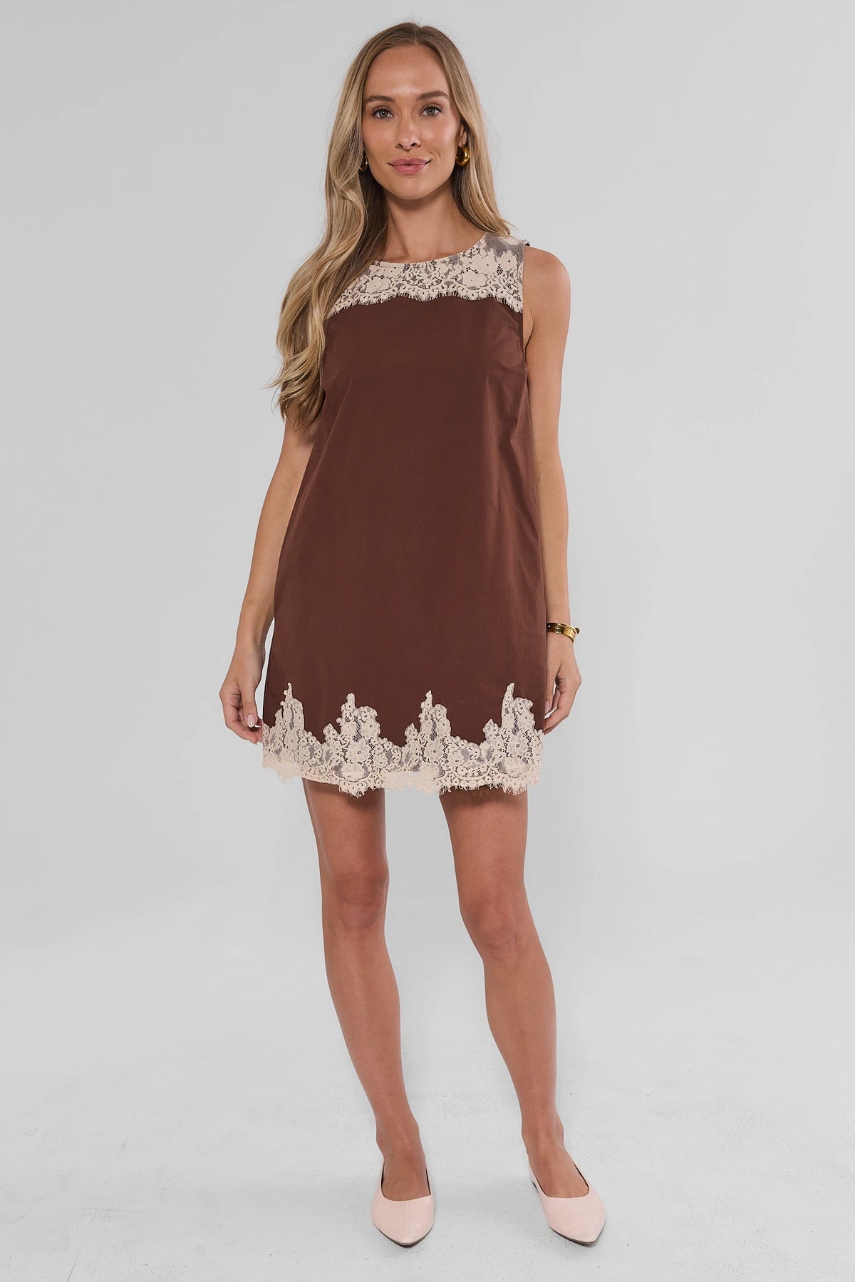 Brown Short Lace Dress - Full Length Front View On Model with Heels | Avara