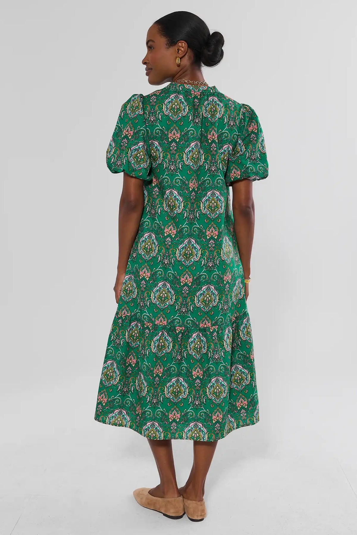 Green Multi Printed Midi Dress - Back View, Tiered Hem & Puff Sleeve | Avara