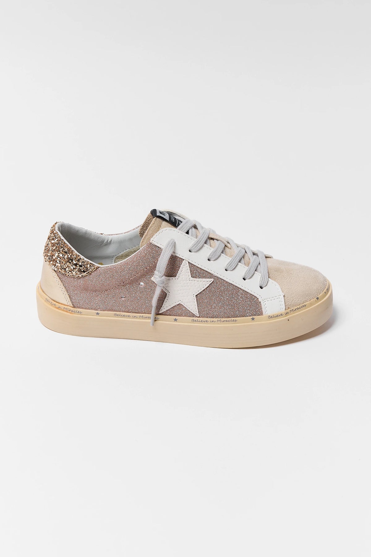 Champagne Glitter Star Sneakers - Side Profile View, White Star Patch | Avara