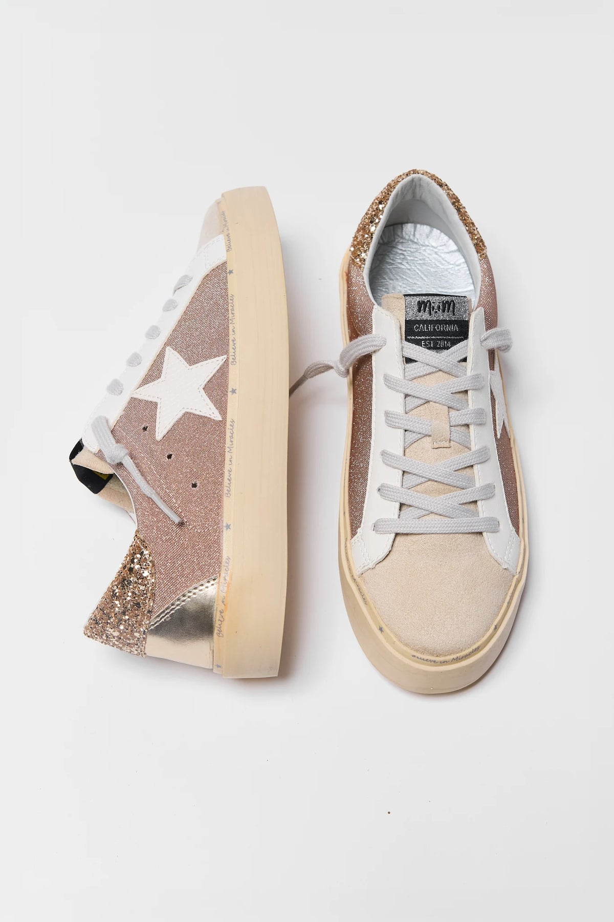 Champagne Glitter Star Sneakers - Top & Side Flat Lay, Gold Glitter Heel Detail | Avara