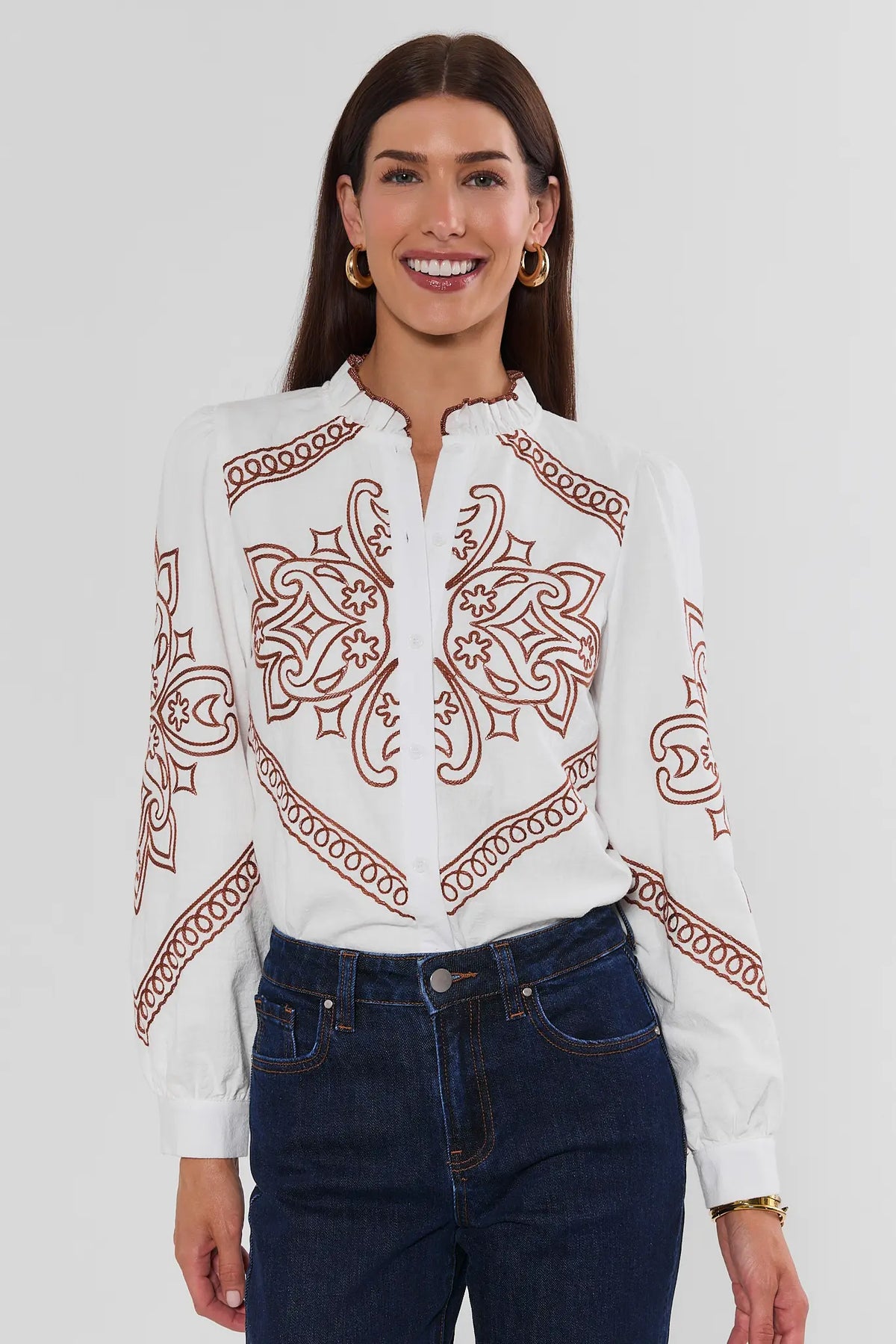 Ivory Cotton Embroidered Top with Brown Paisley Detail, Ruffle Collar - Front View On Model with Denim | Avara