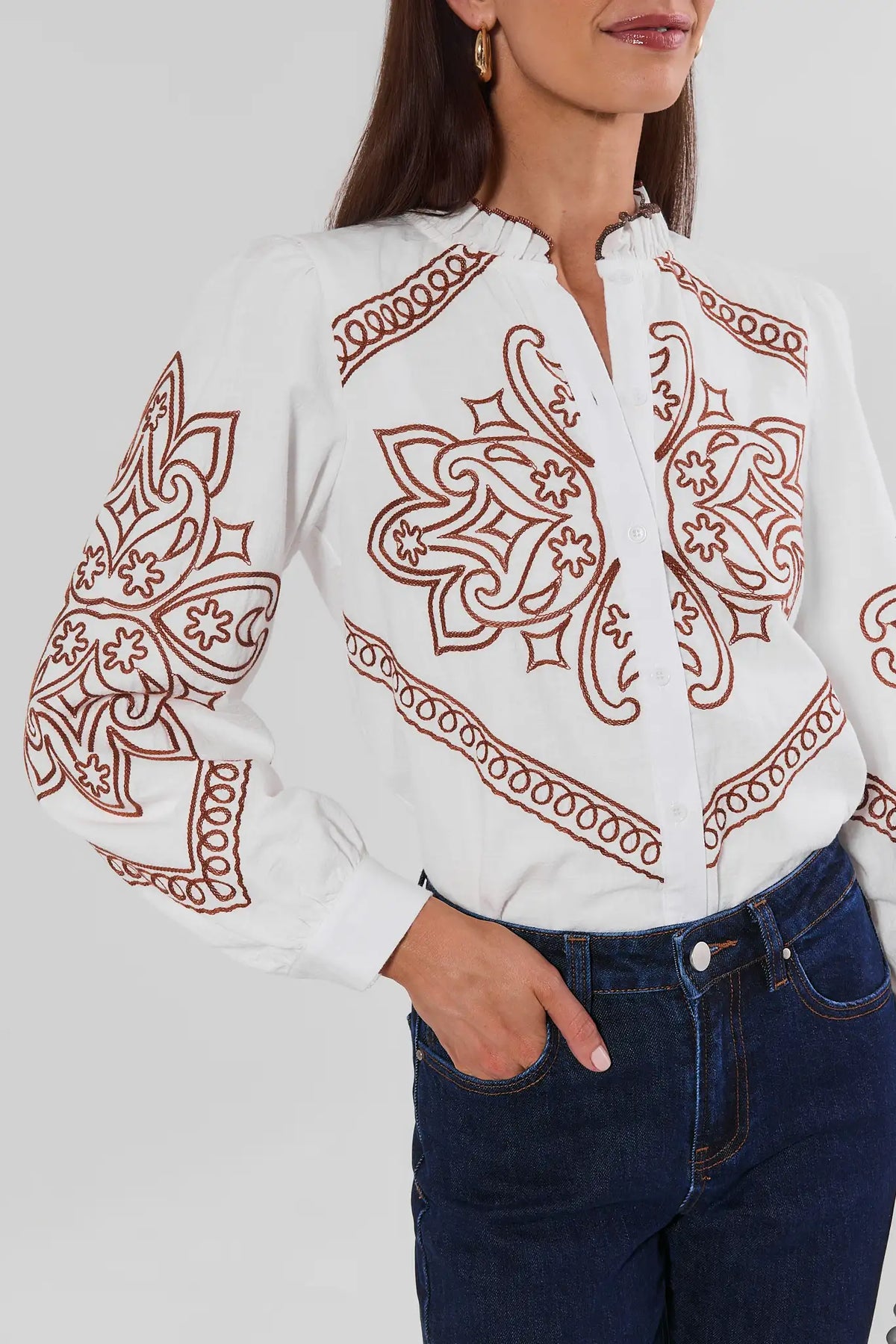 Ivory Embroidered Top with Brown Paisley - Upper Body Close-Up, Ruffle Collar & Sleeve Embroidery Detail | Avara
