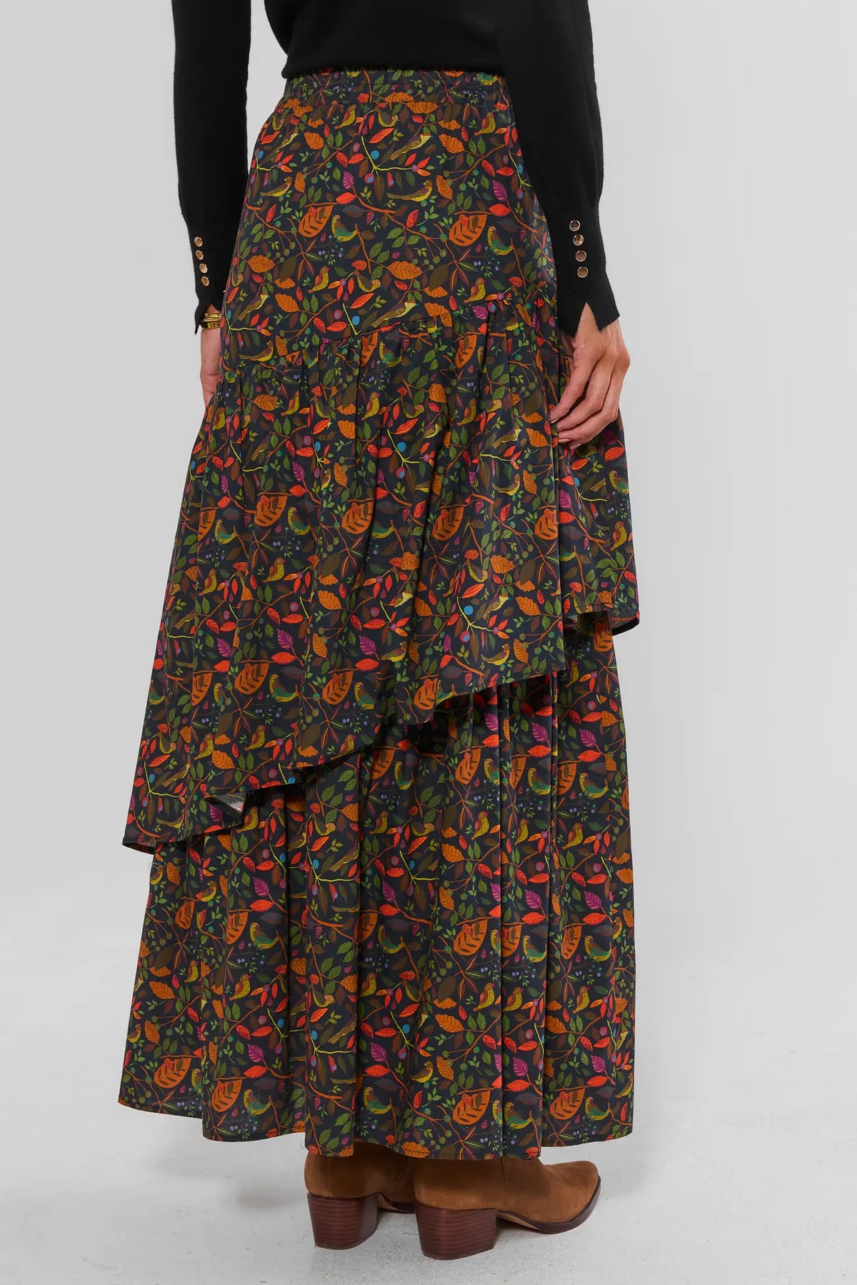 Ashlyn Multi Floral Tiered Maxi Skirt - Back View, Layered Ruffle Skirt Fall Print | Avara