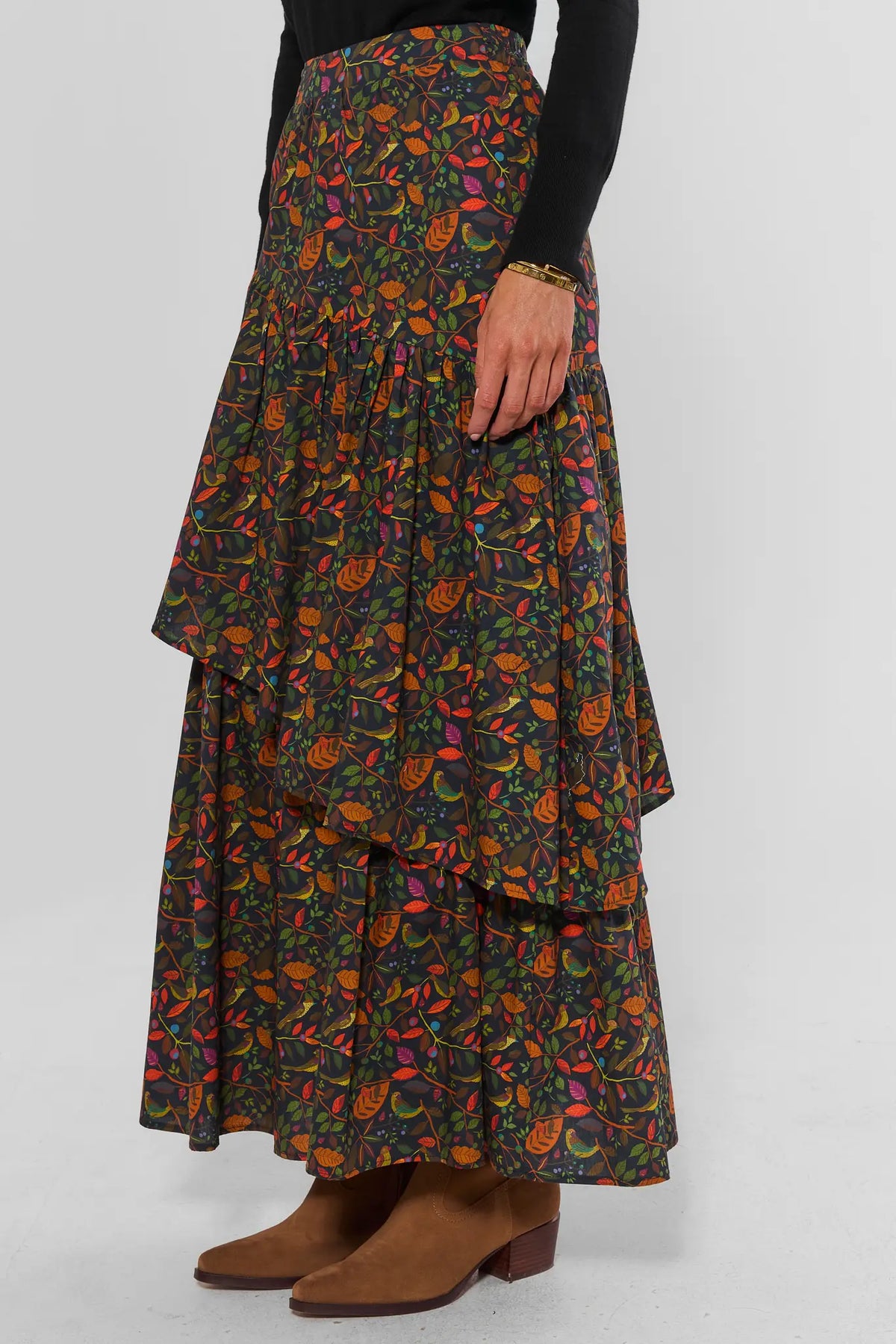 Ashlyn Multi Floral Tiered Maxi Skirt - Side View, Asymmetric Ruffle Tier Detail | Avara