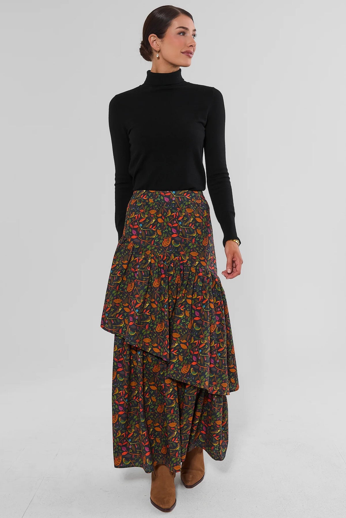 Ashlyn Multi Floral Tiered Maxi Skirt - Full Length On Model, Styled with Ankle Boots | Avara