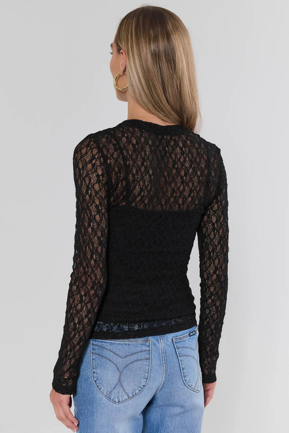 Black Lace Long Sleeve Top - Back View On Model with Split Cuffs | Avara