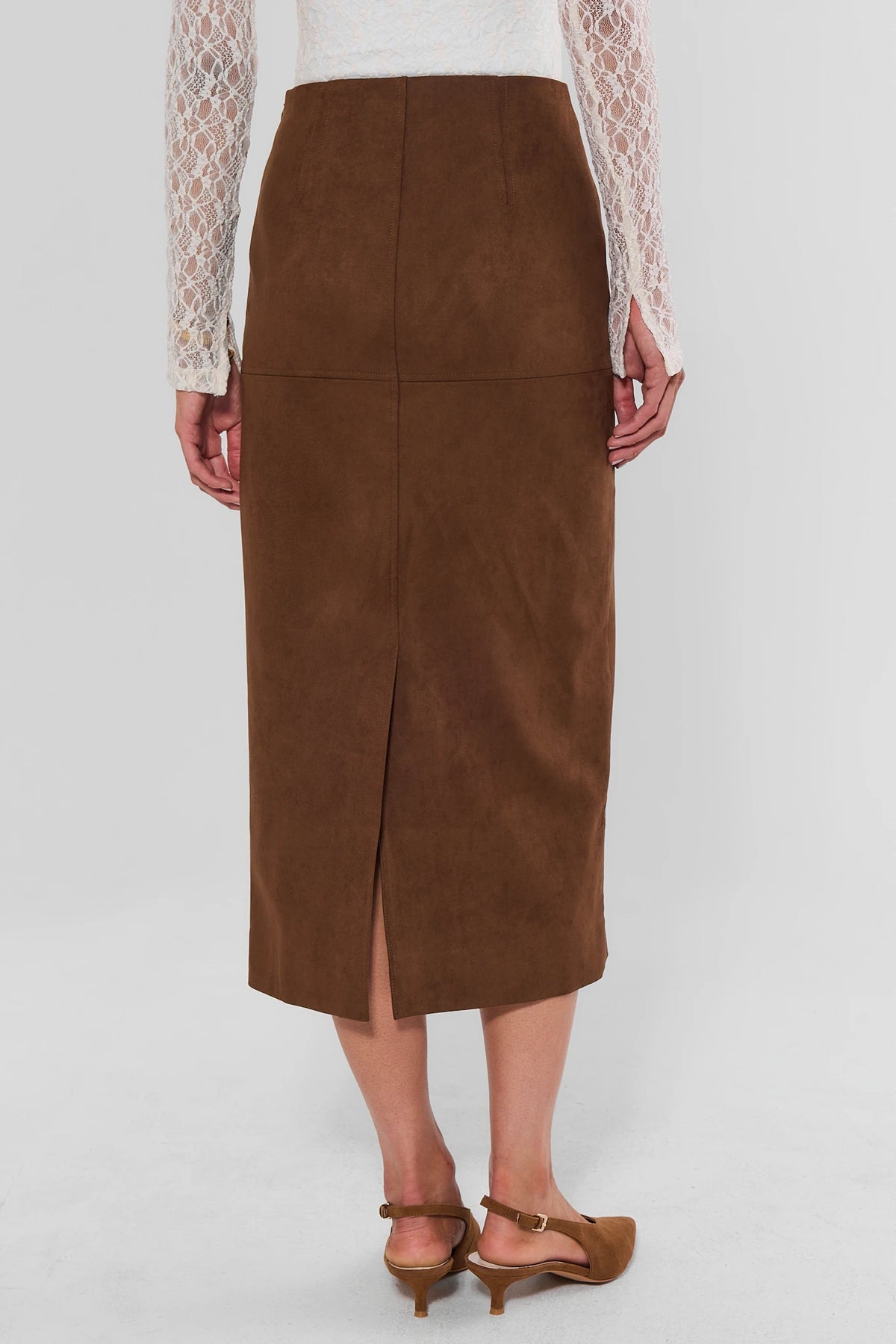 Annalise Brown Faux Suede Midi Skirt - Back View with Center Vent & Kitten Heels | Avara