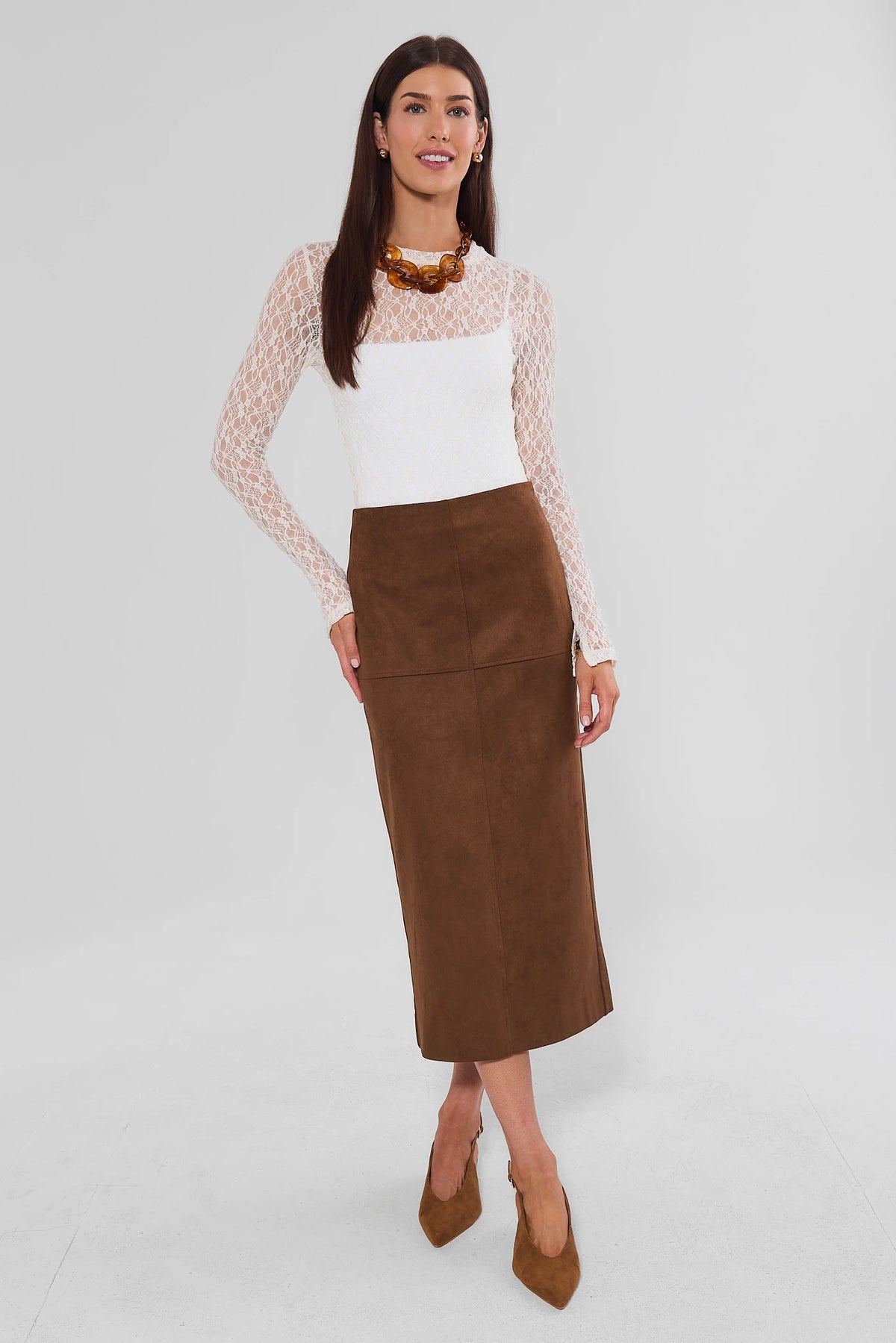 Annalise Brown Faux Suede Midi Skirt - Full Length Front, Styled with Lace Top, Statement Necklace & Heels | Avara