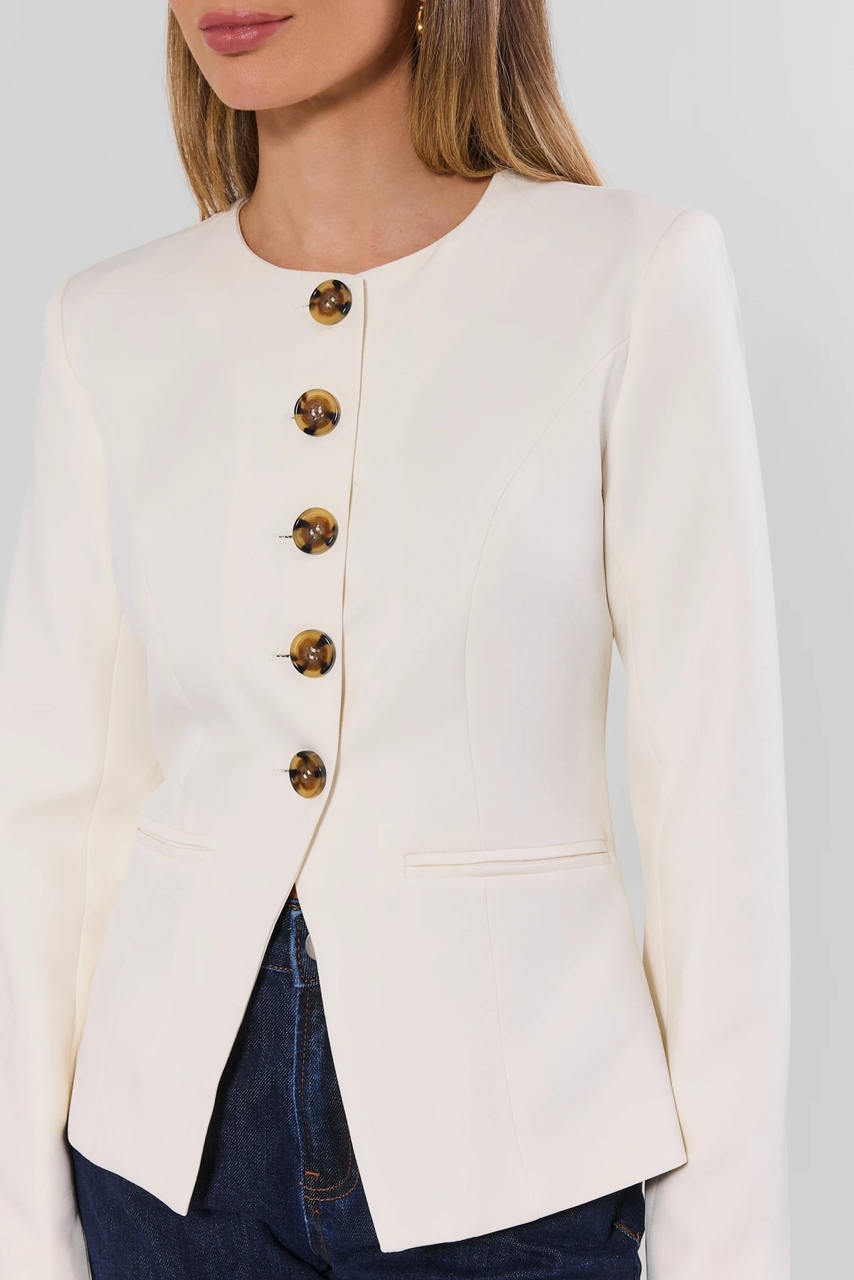 Aria White Blazer Tortoise Button-Front Close-Up Detail - Women's Collarless Blazer | Avara