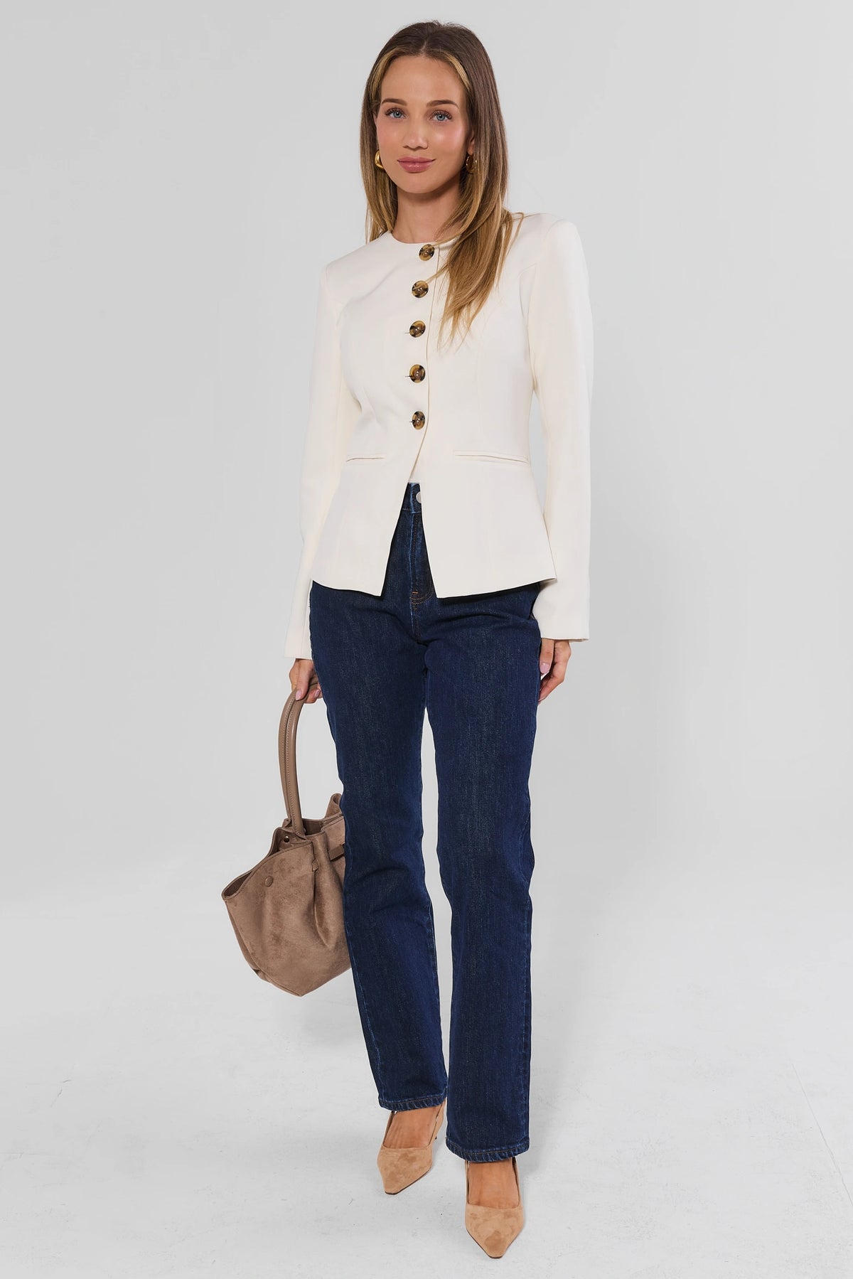 Aria White Blazer Styled with Dark Jeans and Nude Heels - Full Length Front View | Avara