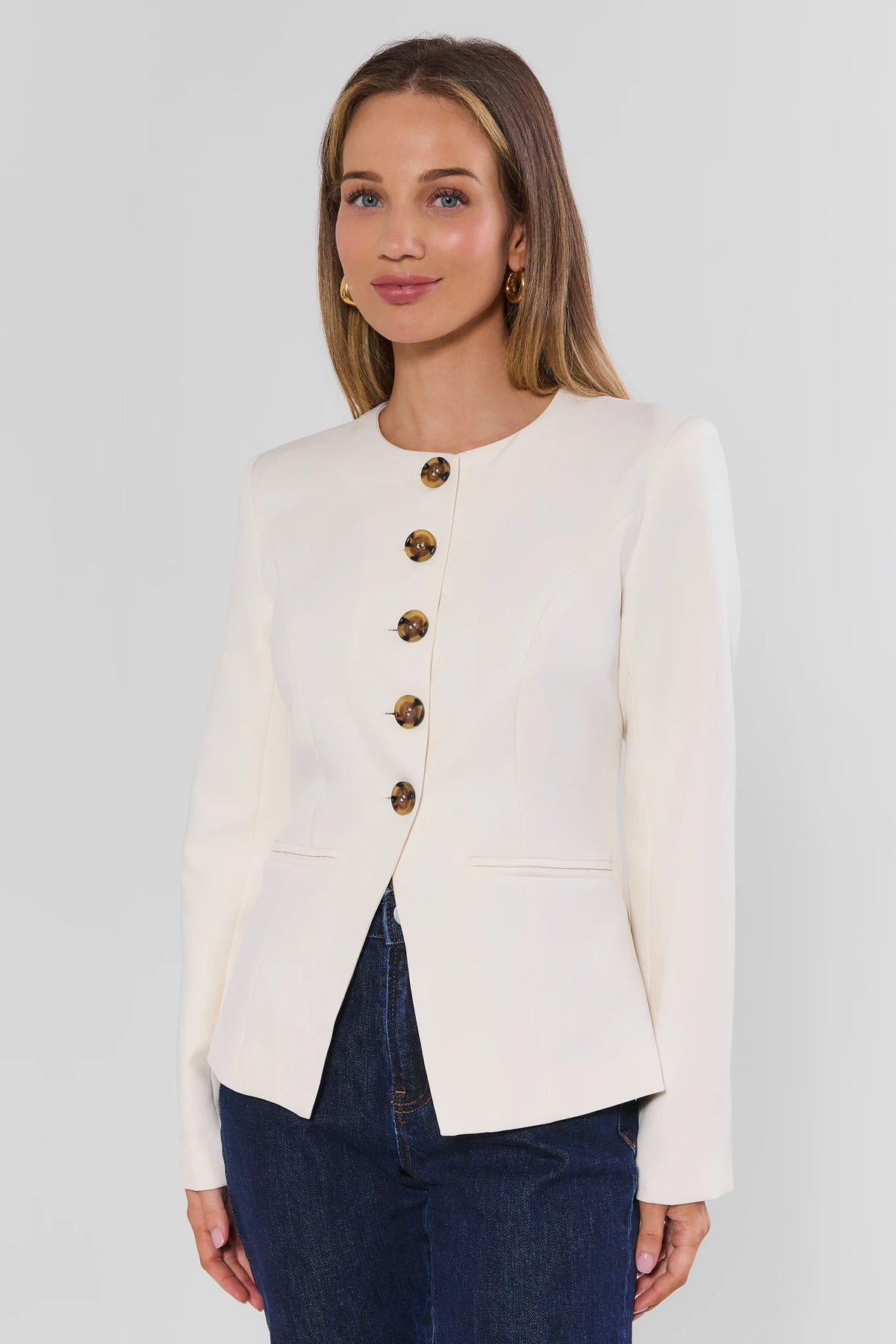 Cream Aria White Blazer Button-Front - On Model Front View, Women's Elevated Layer | Avara