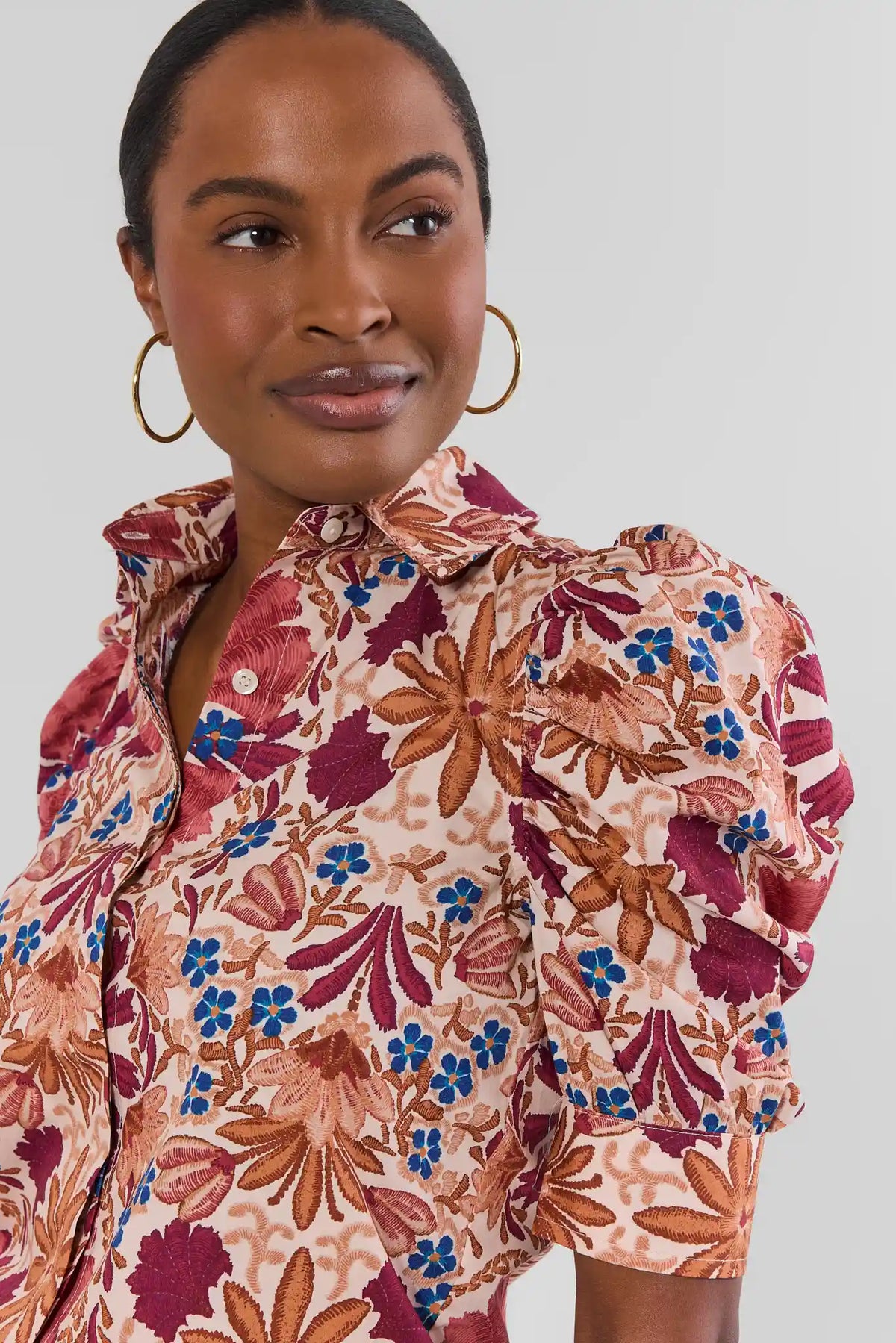 Maroon Floral Print Button-Down Top - Puff Sleeve Close-Up Detail | Avara