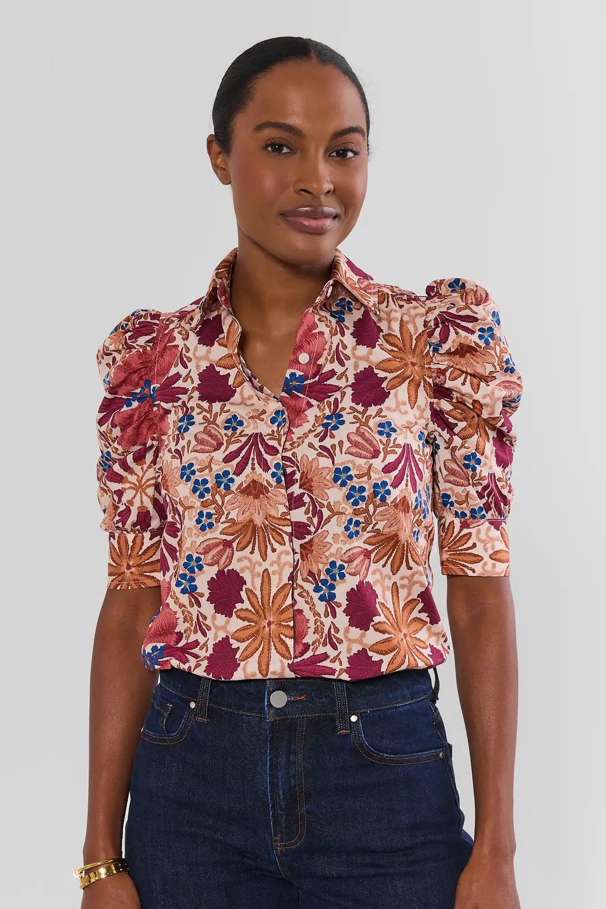 Maroon Floral Cotton Puff Sleeve Top - Front View, Styled with Dark Denim | Avara