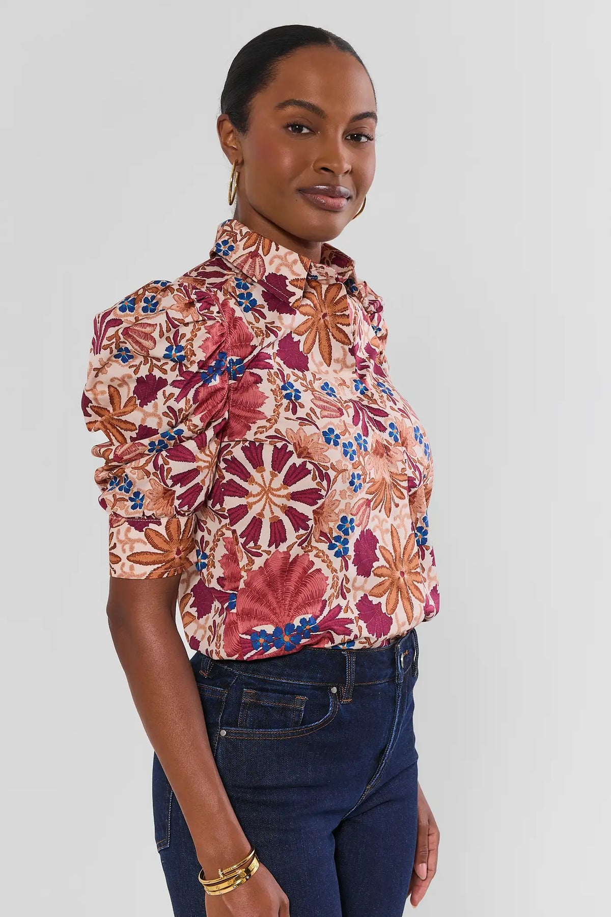 Maroon Floral Cotton Top - Side Profile with Puff Sleeves and Dark Jeans | Avara